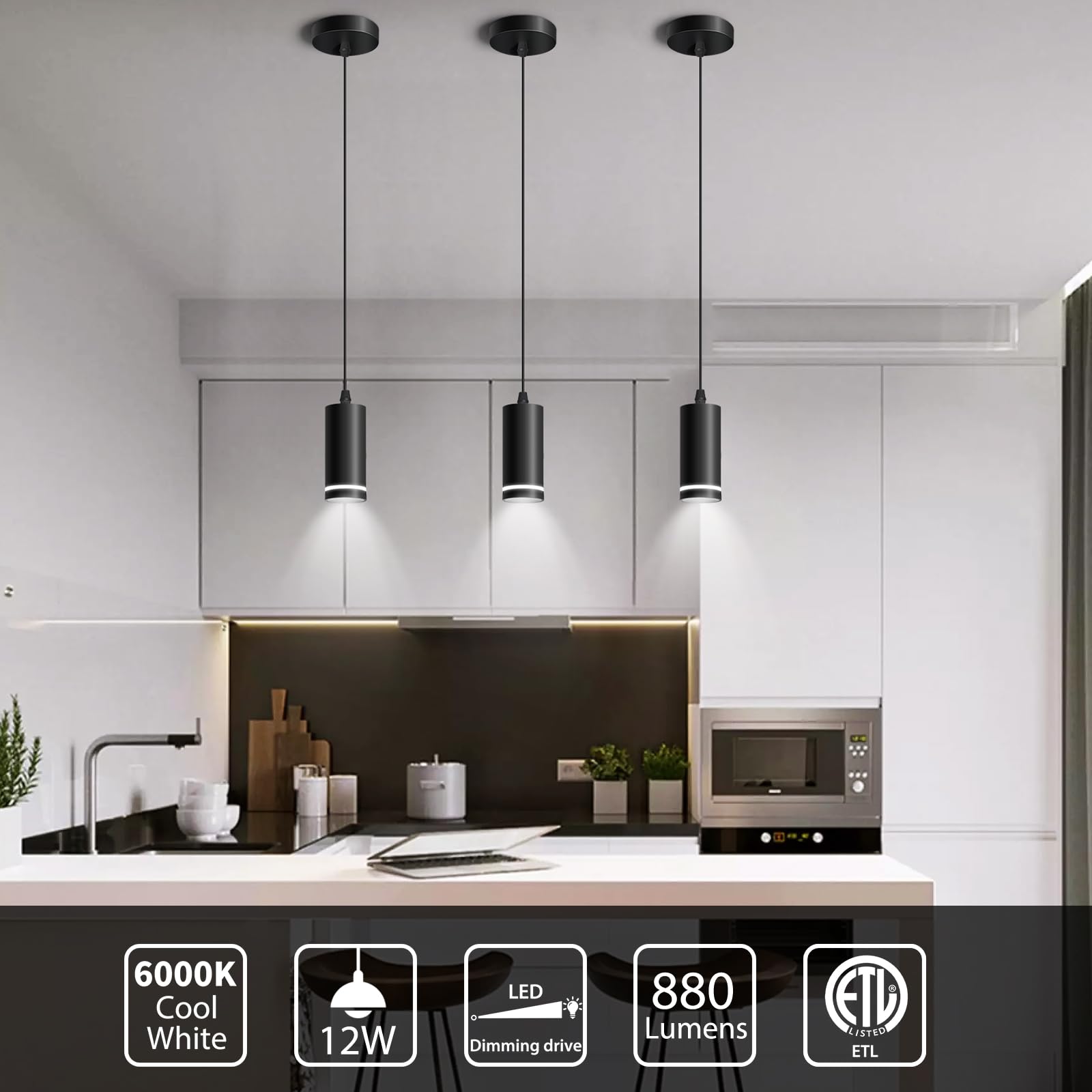 OKELI 3-Pack Mini Pendant Lights - Modern Black LED Hanging Fixtures with COB Lamp Beads for Kitchen Island, Dining Room, Bar Counter - 12W ETL Certified Dimmable Lighting