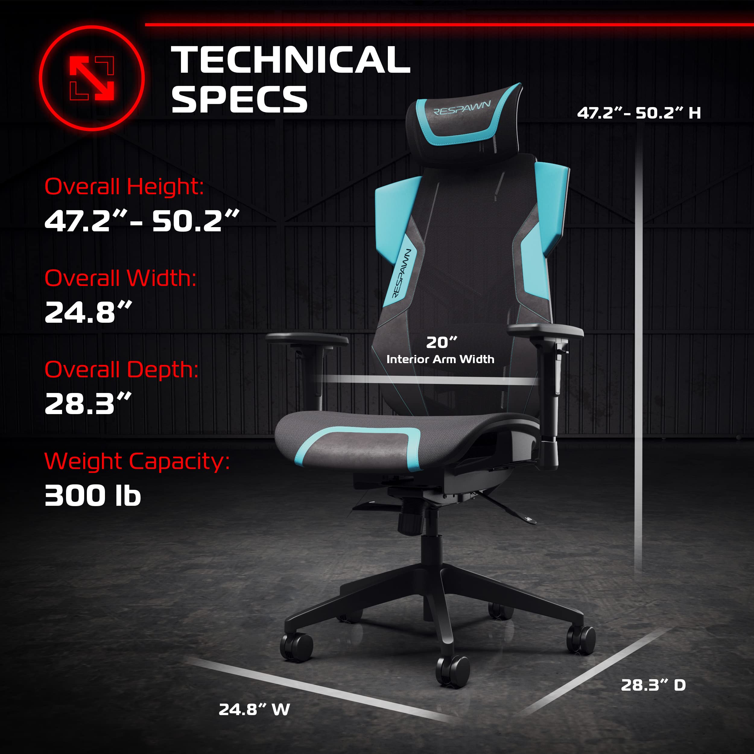 RESPAWN FLEXX Ergonomic Mesh Gaming Chair with Lumbar Support - Adjustable Recline, Tilt Tension & Armrests - 300lb Weight Capacity - Teal Office Chair for Computer Gaming, Work & Home Desk Setup