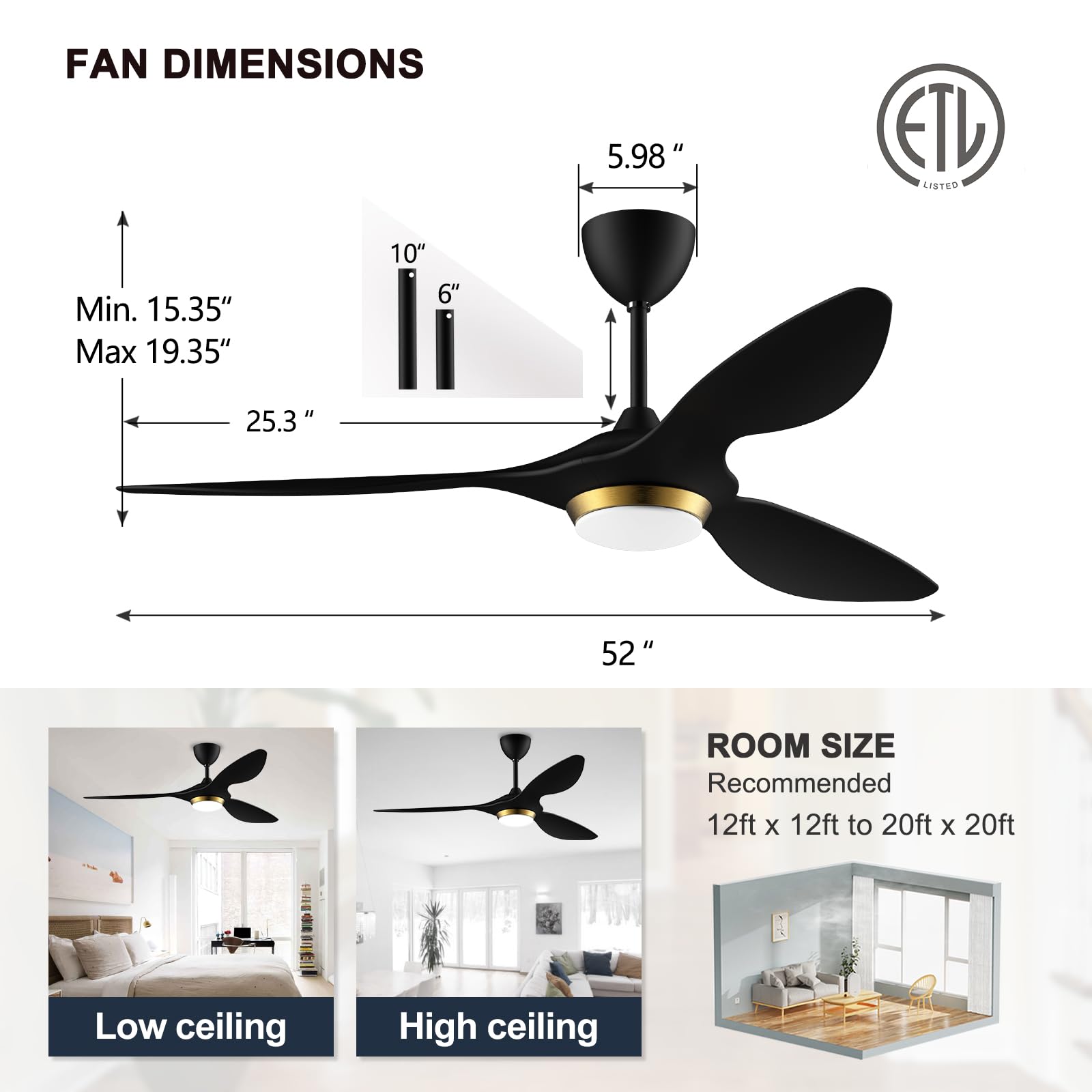 Reiga 52 Inch Black Modern Ceiling Fan with Light - Smart WiFi & Remote Control, 3 Blade Quiet DC Motor for Living Room, Bedroom, Patio, Garage - ETL Certified - Perfect for Home Cooling & Stylish Interior Decor