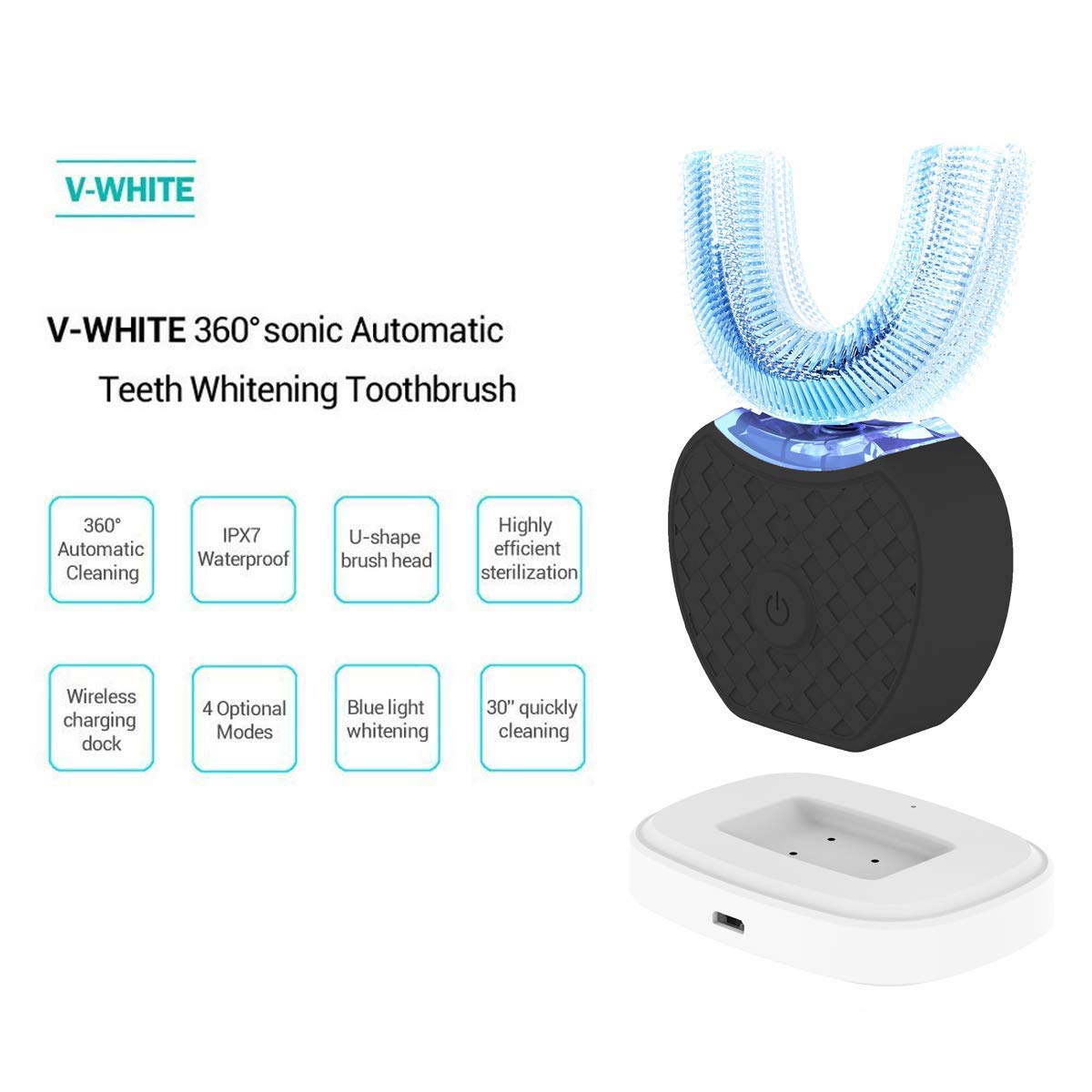 360° Ultrasonic Electric Toothbrush with Auto Timer & Teeth Whitening - Rechargeable Battery Powered Toothbrush for Daily Oral Care & Travel Use