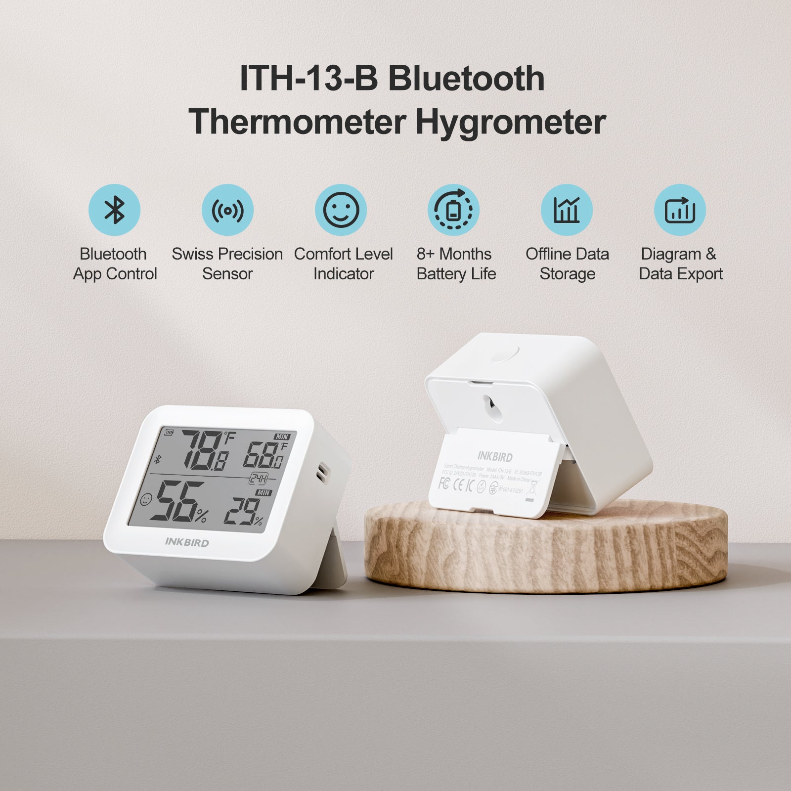 Wireless Bluetooth Hygrometer Thermometer ITH 13B - Digital Indoor Outdoor Temperature Humidity Monitor for Home, Greenhouse, Baby Room & Wine Cellar