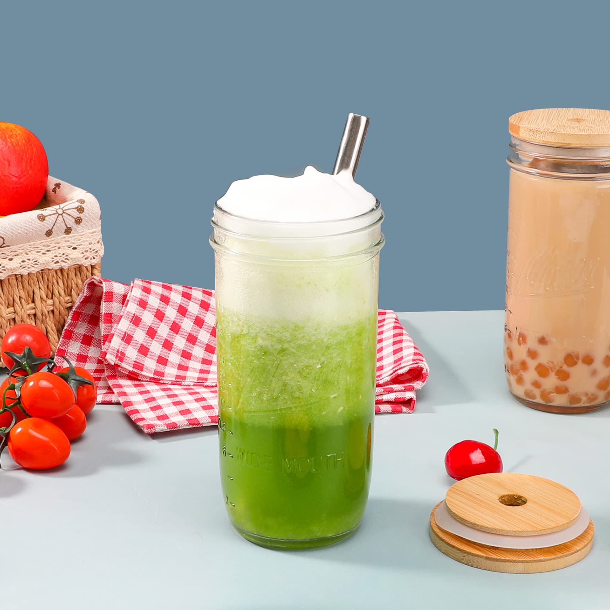 4-Pack Mason Glass Jars - 24oz Wide Mouth Reusable Smoothie & Tea Cups with Bamboo Lids & Stainless Steel Straws - Perfect for Bubble Tea, Iced Coffee & Travel Drinks - Eco-Friendly Drinking Glasses for Home, Office & Outdoor Use