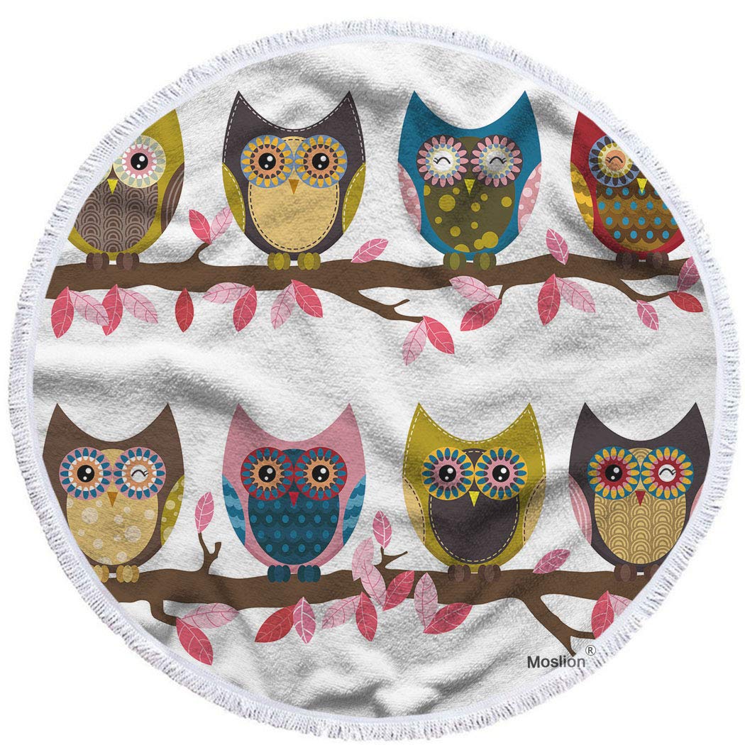 **Moslion Owl Round Beach Towels - 63 Inch Oversized Retro Cartoon Design, Cheerful Multi-Colored Leaves & Smiling Talon - Soft Microfiber & Polyester Blend - Perfect for Beach, Pool, Picnic, and Outdoor Activities**