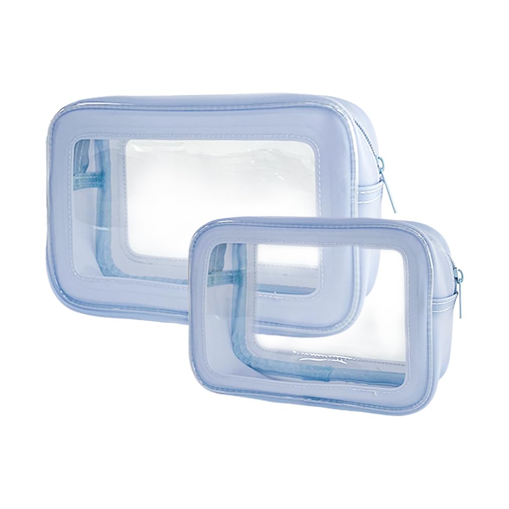 ONEART 2-Piece Light Blue Clear Makeup Toiletry Bags - Waterproof Travel Cosmetic Organizer & Transparent Storage Pouch for Makeup Brushes, Skincare, Jewelry | Perfect for Vacation, Gym, Beach Trips & Daily Organization