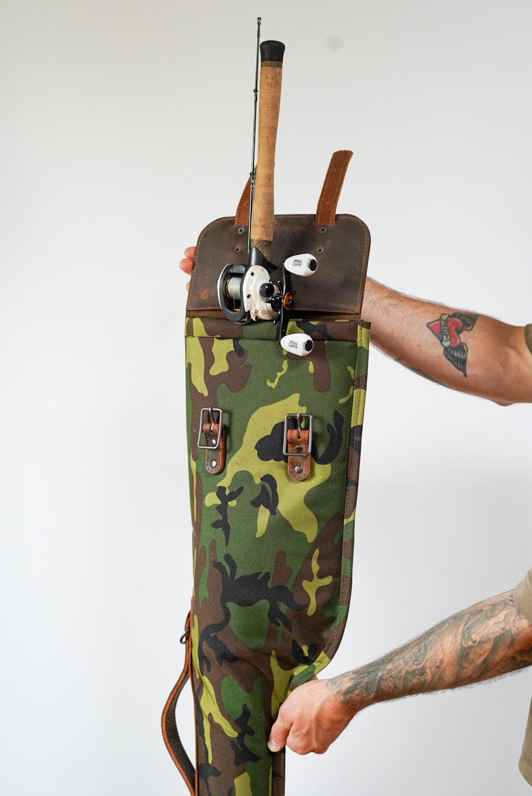 Limited Edition Camo Fishing Rod Case with Brown Leather Accents - Durable Protective Cover for Travel & Outdoor Fishing Gear Storage