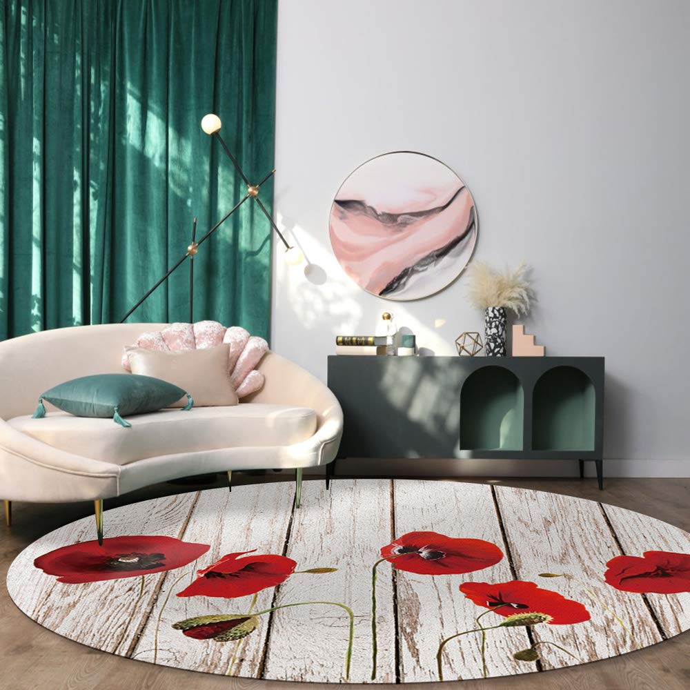 Large 4ft Round Area Rug - Non-Slip Red Poppies Floral Design with Retro Wooden Stripes, Washable Floor Mat for Bedroom, Living Room & Kids Room | Perfect for Home Decor, Nursery & High Traffic Areas