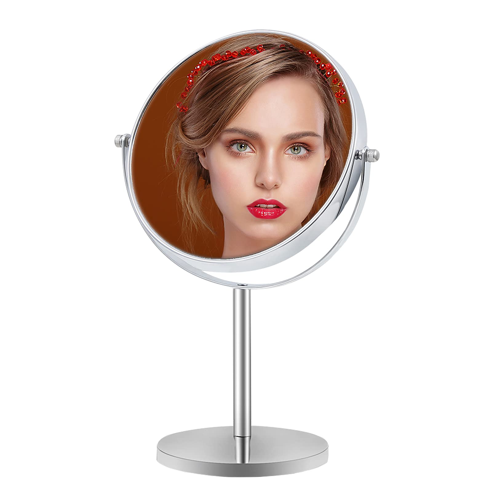 Double Sided Round Magnifying Mirror - 360° Swivel Vanity Mirror for Makeup & Skincare | Portable Desktop & Travel Mirror with Stand | Perfect for Dressing Table, Bedroom, Bathroom & On-the-Go Use | Silver Finish
