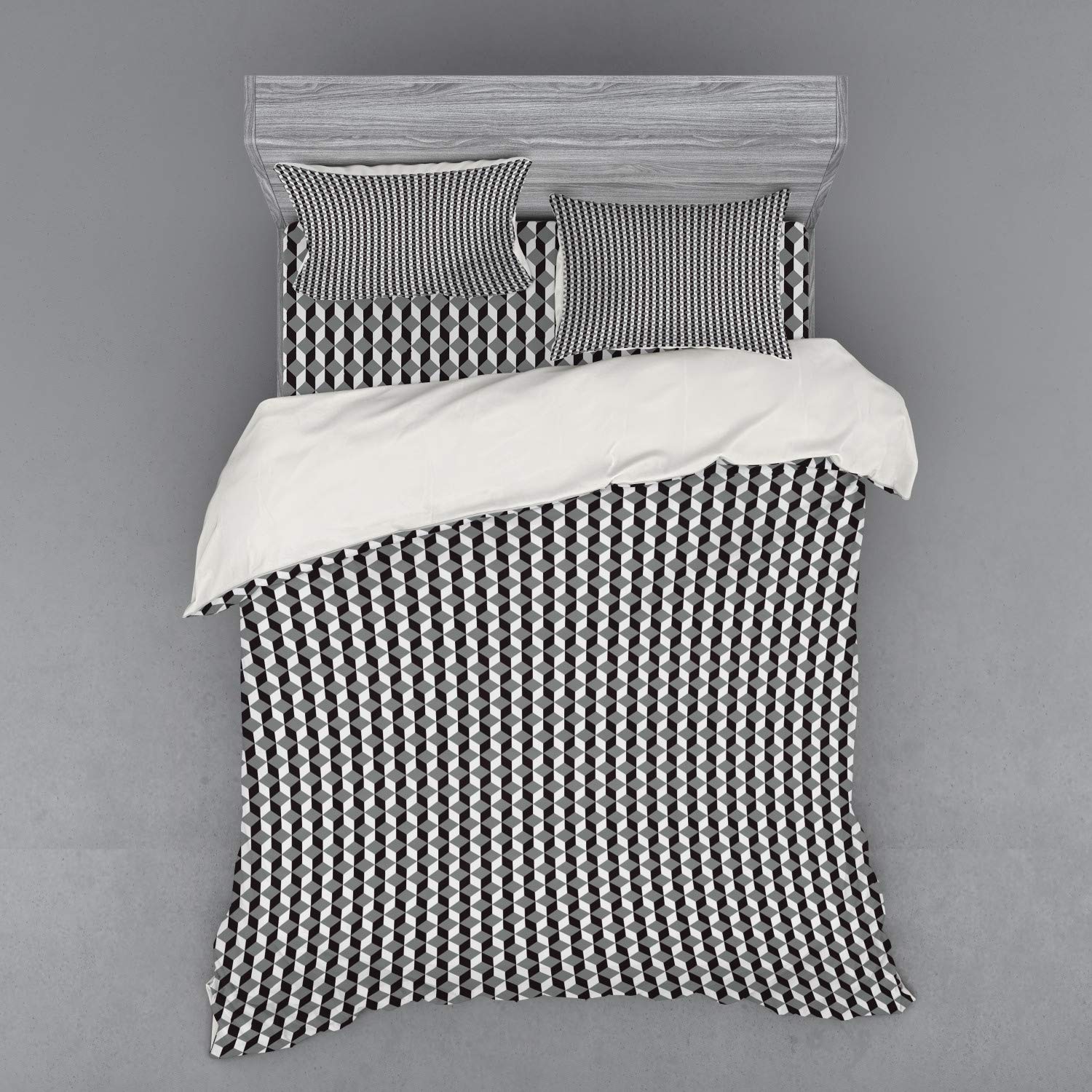 Ambesonne Geometric Duvet Cover Set - Queen Size 4-Piece Bedding with Herringbone Zigzag & Stacked Cubes Pattern in Black, Grey & Pale Grey | Includes Shams & Fitted Sheet | Modern Home Decor for Bedroom, Guest Room & Dorm