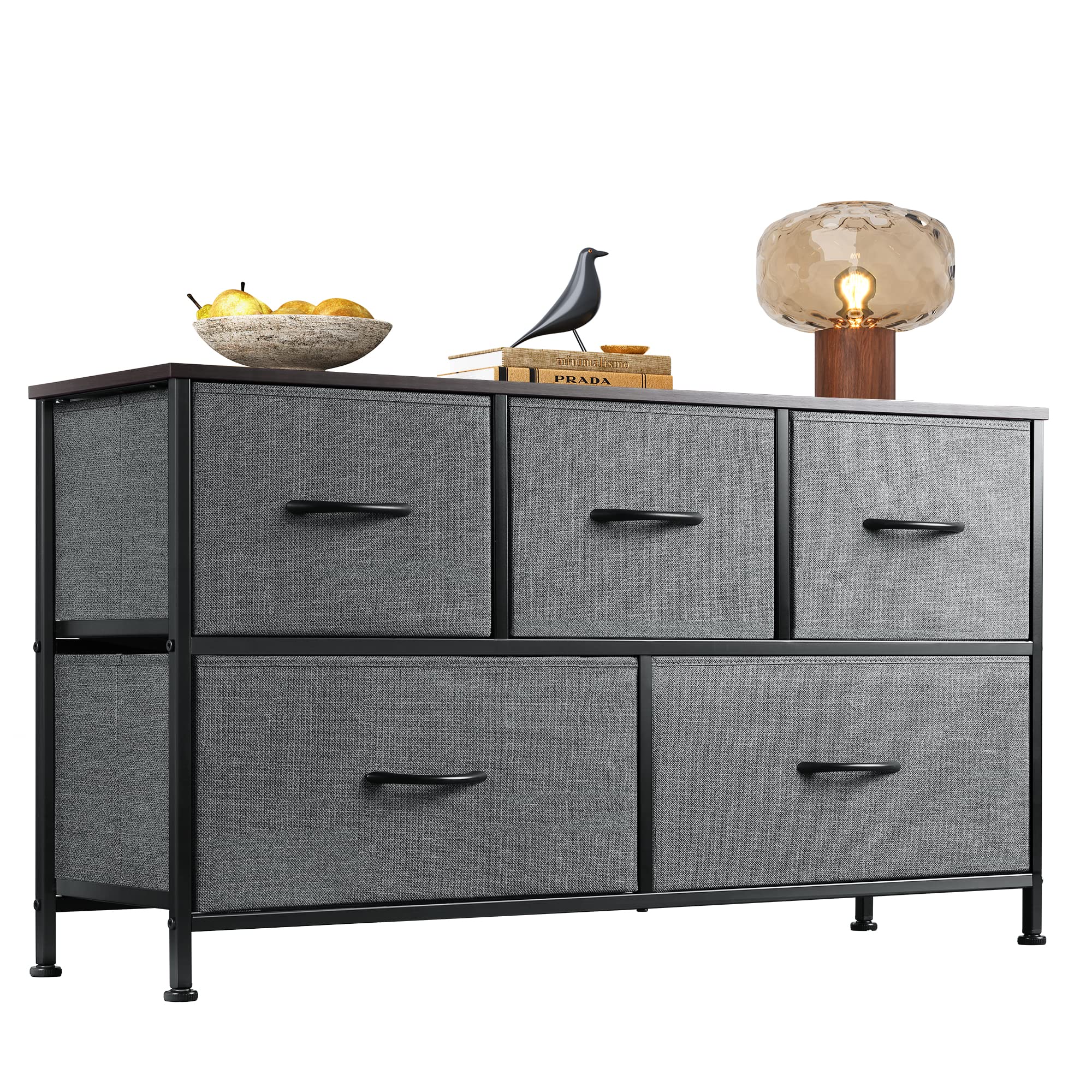 5-Drawer Fabric Dresser for Bedroom - Wide Storage Organizer with Fabric Bins, Dark Grey Chest of Drawers for Closet, Living Room, Nursery & Hallway Organization | Perfect for Small Space Storage & Home Decor