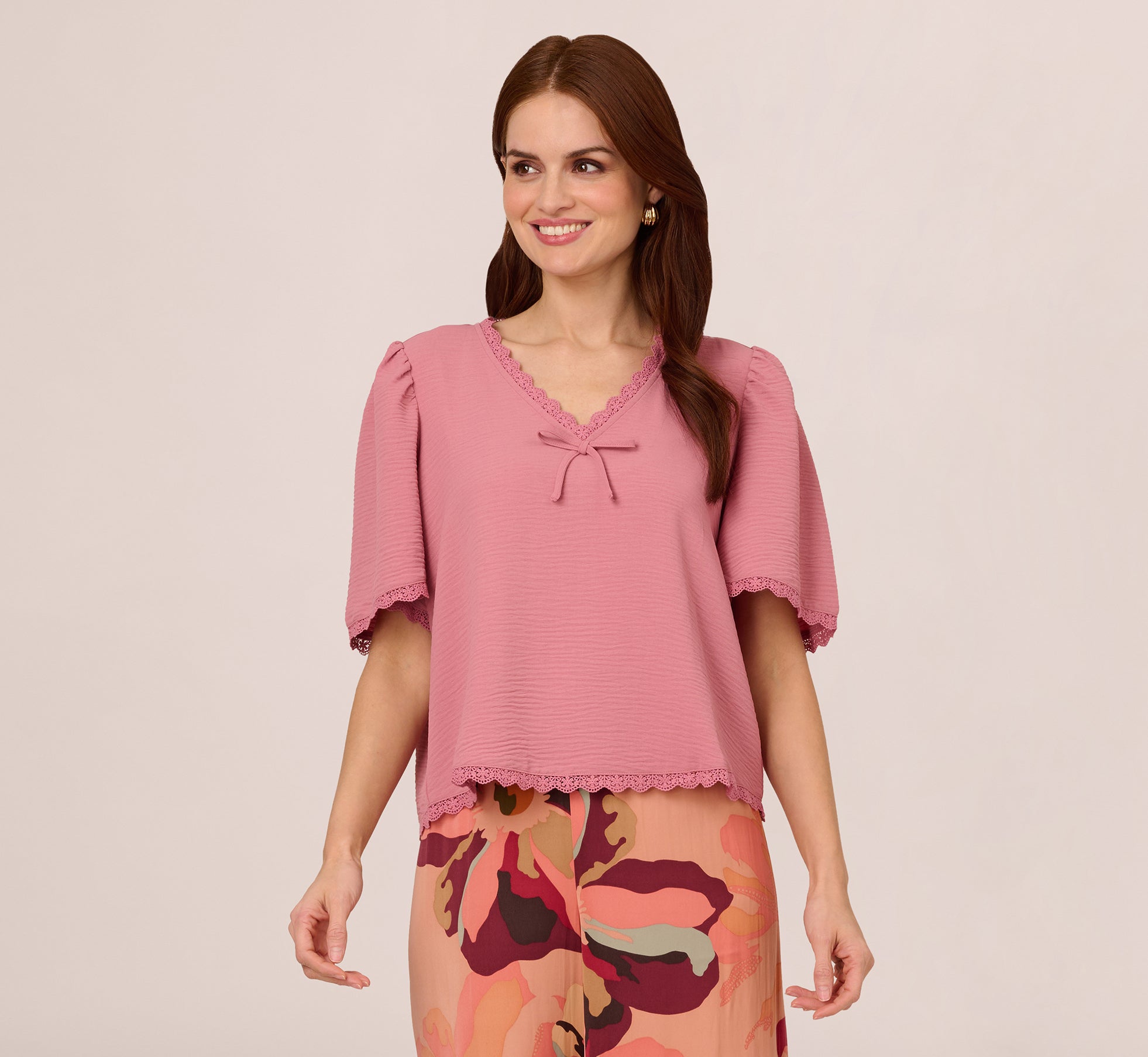 Crochet Trim Short Sleeve Blouse in Mesa Rose - Boho Chic Summer Top for Beach, Vacation & Casual Outings