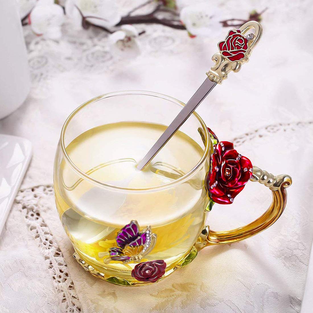 Elegant Rose & Butterfly Enamel Tea Cup Set - 12oz Glass Coffee Mug with Spoon - Perfect for Tea, Coffee & Hot Drinks - Unique Birthday, Wedding & Christmas Gift Idea - Ideal for Home, Office & Gifting