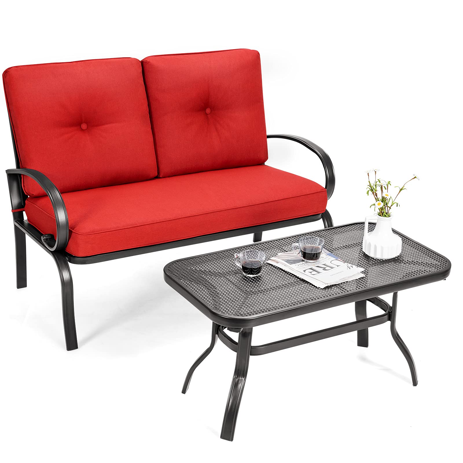 Giantex Outdoor Loveseat with Coffee Table - Patio Bench Set with Cushion & Sturdy Metal Frame - Garden, Yard, Poolside Furniture - Perfect for Relaxing, Entertaining & Sunbathing (Red & Black)
