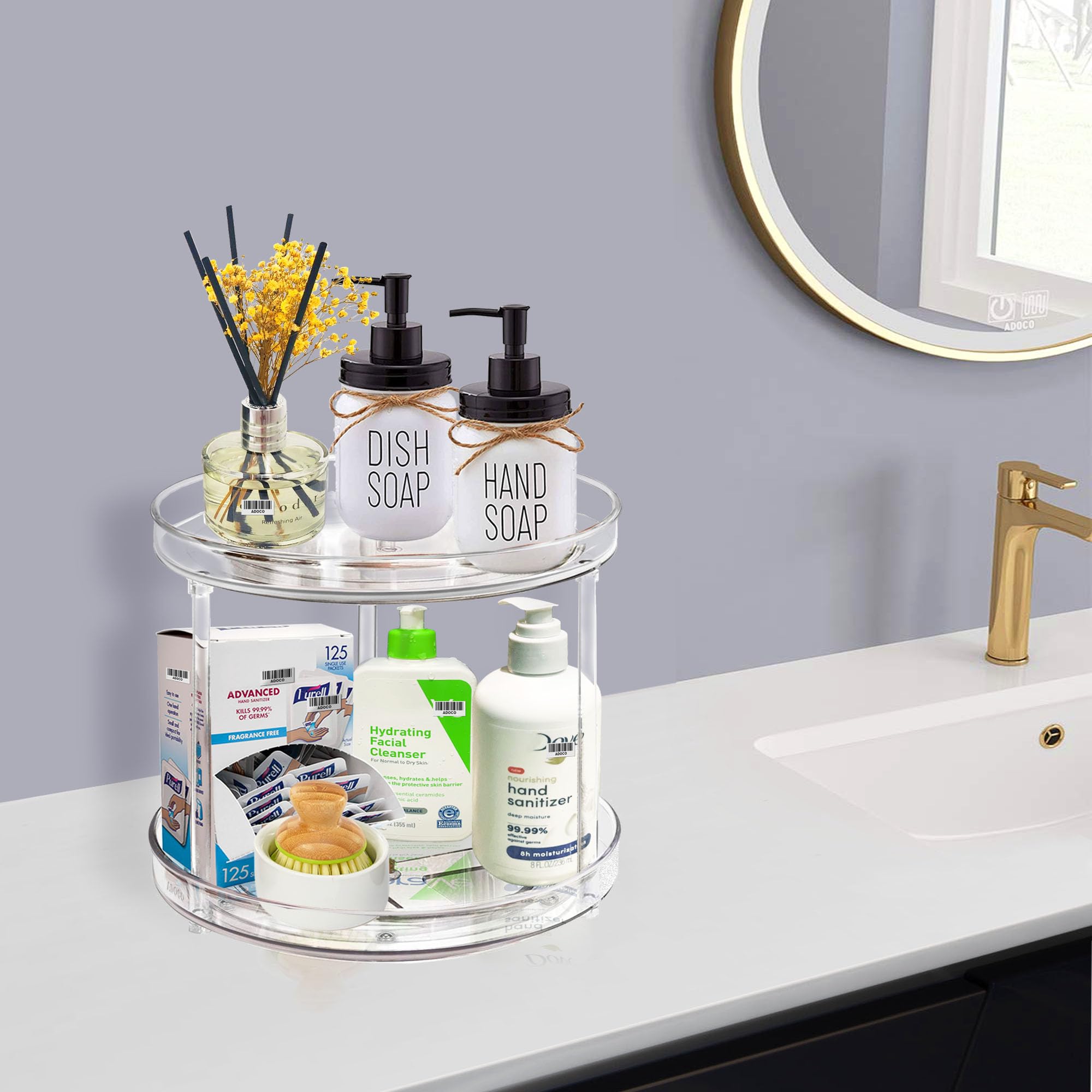2 Tier Lazy Susan Bathroom Organizer - 9.25 Inch Clear 360° Rotating Makeup Organizer for Vanity, Skincare & Perfume Storage, Spice Rack for Cabinet - Perfect for Home Organization, Bathroom Counter & Kitchen Pantry Storage