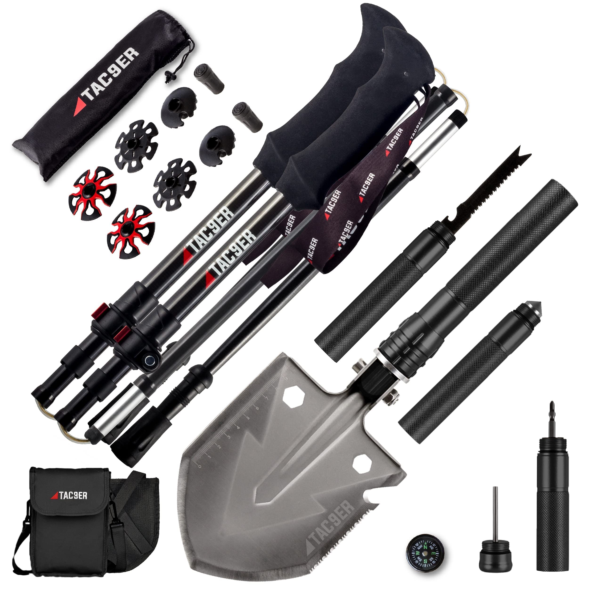TAC9ER Ultimate Outdoor Survival Bundle - Carbon Fiber Trekking Poles & 15-in-1 Tactical Multitool Shovel for Camping, Hiking, Backpacking, Emergency Preparedness - Perfect for Wilderness Adventures, Mountain Climbing, and Survival Situations