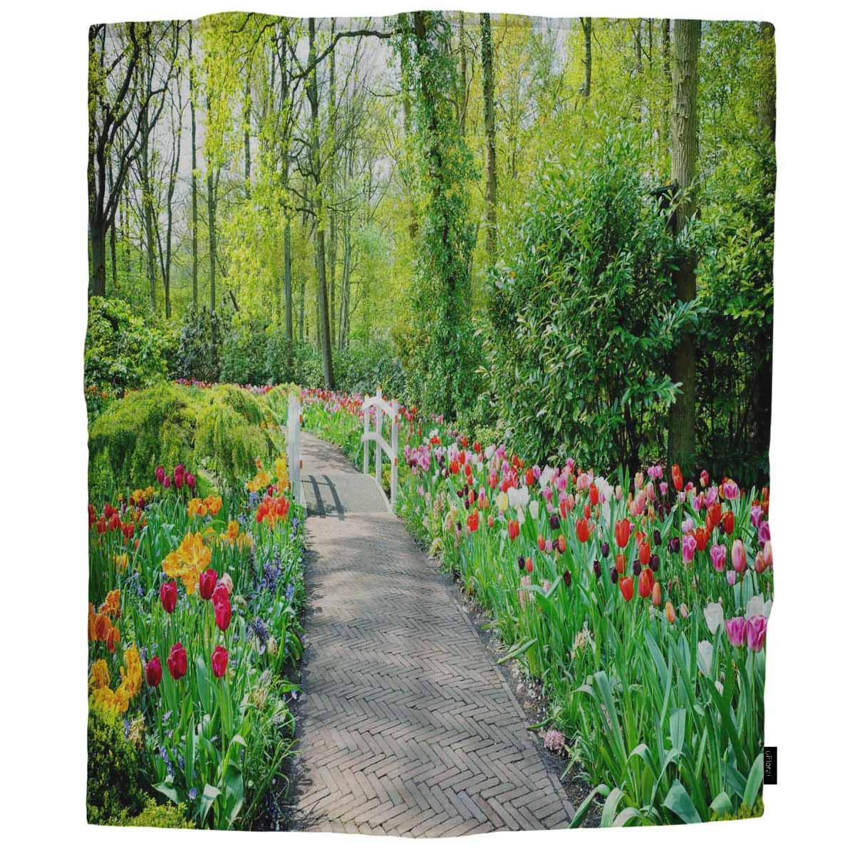 Floral Garden Path Flannel Fleece Blanket - 50x60 Inch Reversible Throw for Couch, Bed & Sofa - Soft, Warm & Cozy Keukenhof Tulips Design - Perfect for Living Room, Bedroom & Outdoor Picnics
