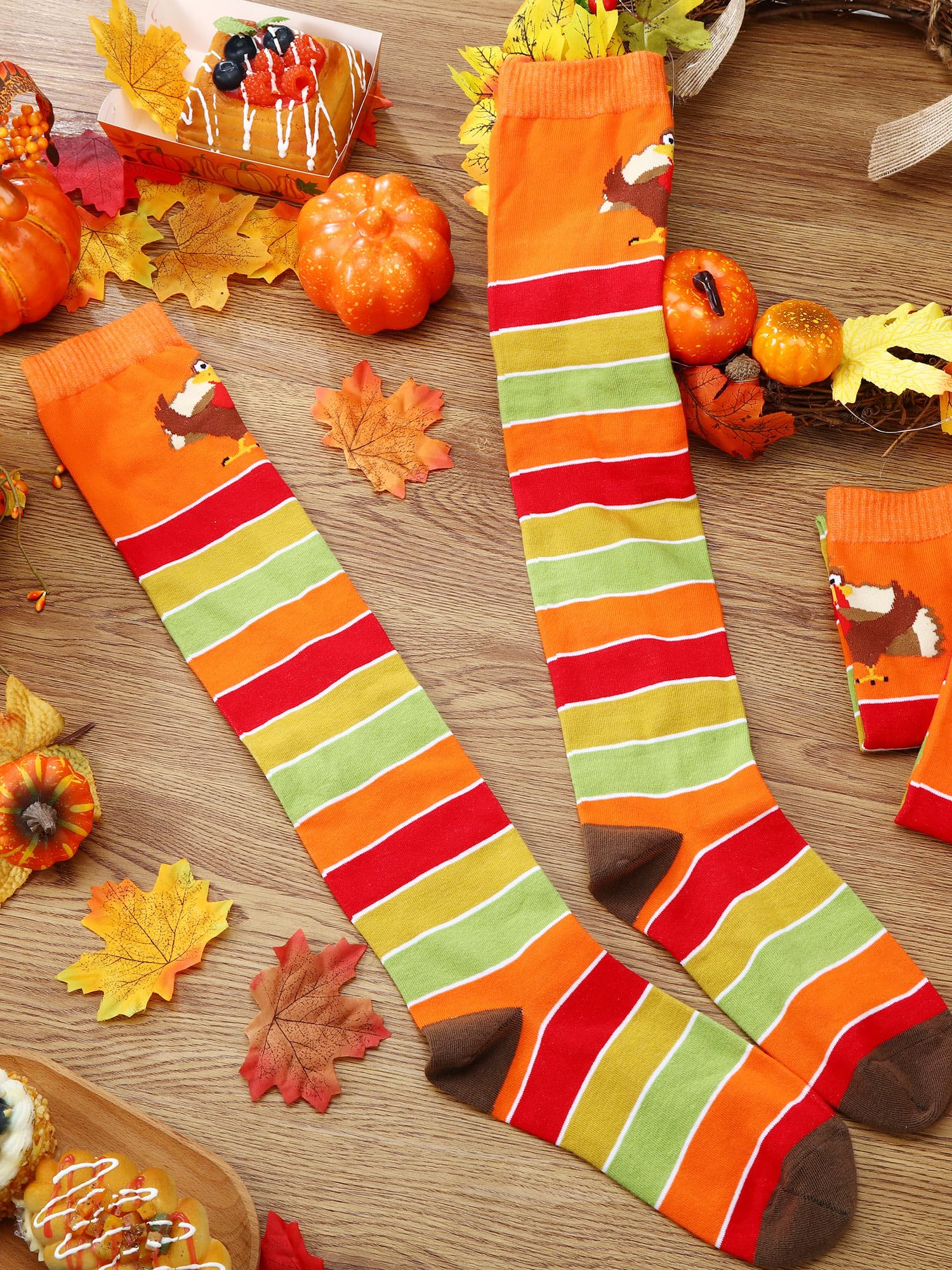 Liitrsh 4 Pairs Turkey Themed Over The Knee Socks - Fall Thanksgiving Striped Fuzzy Stockings for Women - Perfect for Running, Gifts & Holiday Outfits