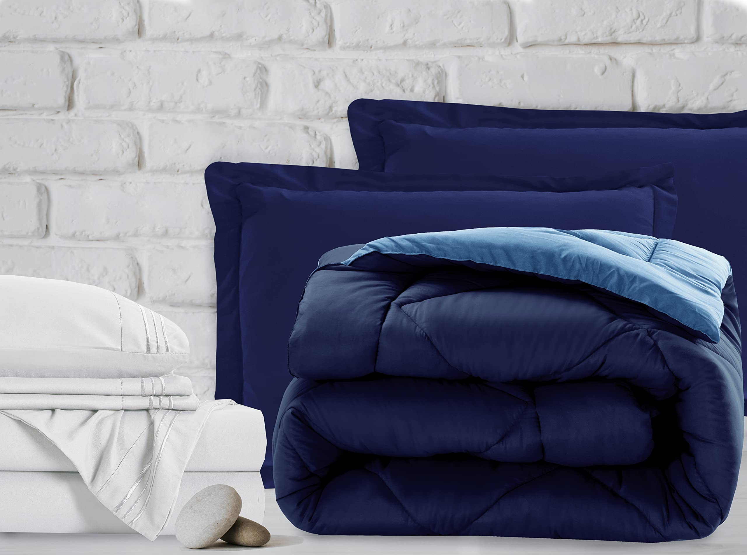Luxury 7-Piece Twin Size Bed in a Bag Set - 1500 Thread Count Comforter & Sheet Collection, Ultra Soft, Wrinkle & Stain Resistant, Navy/Aqua - Perfect for Guest Rooms, Dorms & Cozy Bedrooms
