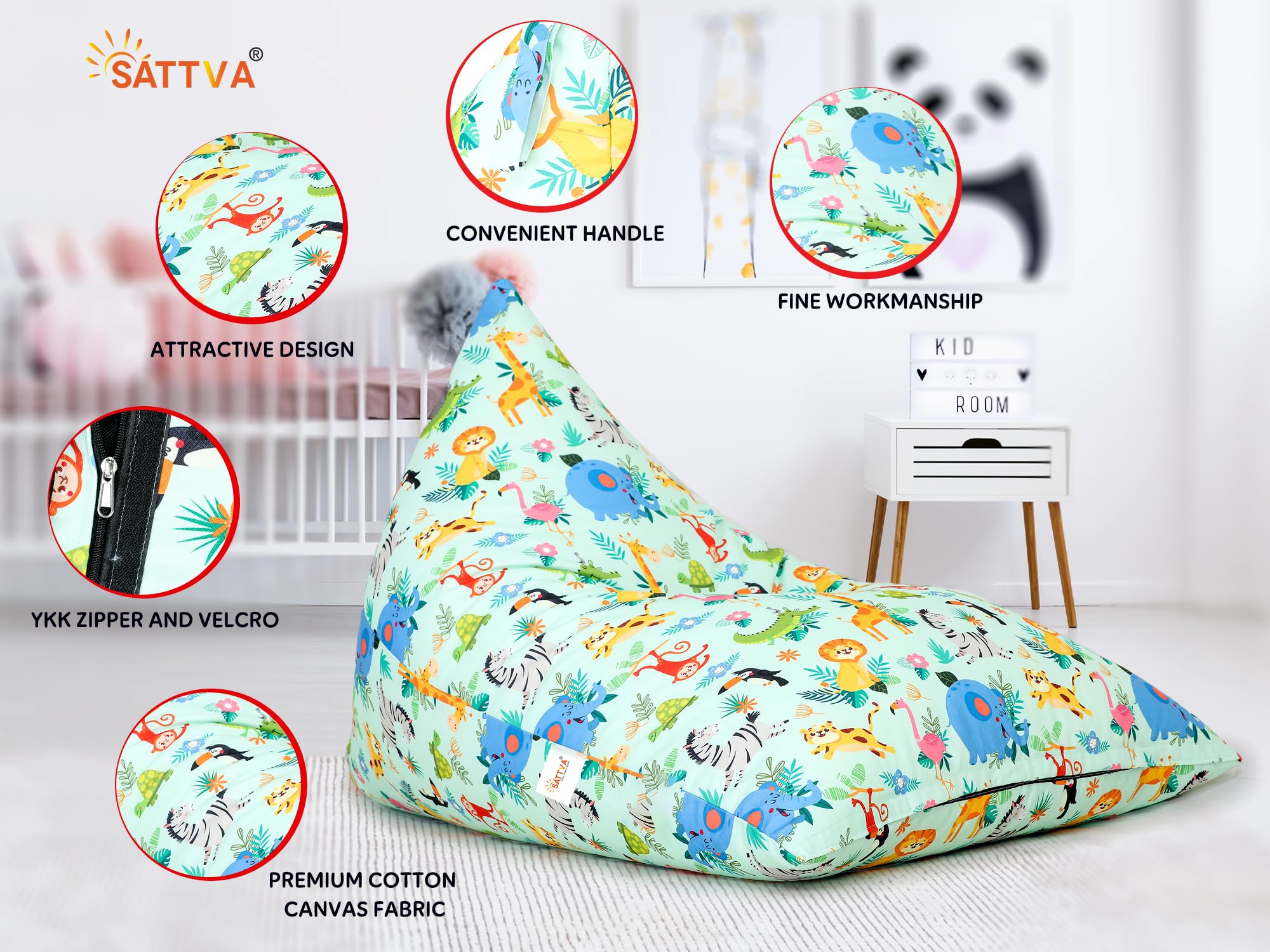 SATTVA Kids Triangle Canvas Bean Bag Cover - No Filling, Ultra Soft Zippered Stuffed Animal & Toy Storage Organizer for Teens & Adults (Animal Print) - Perfect for Playrooms, Dorm Rooms & Cozy Reading Nooks