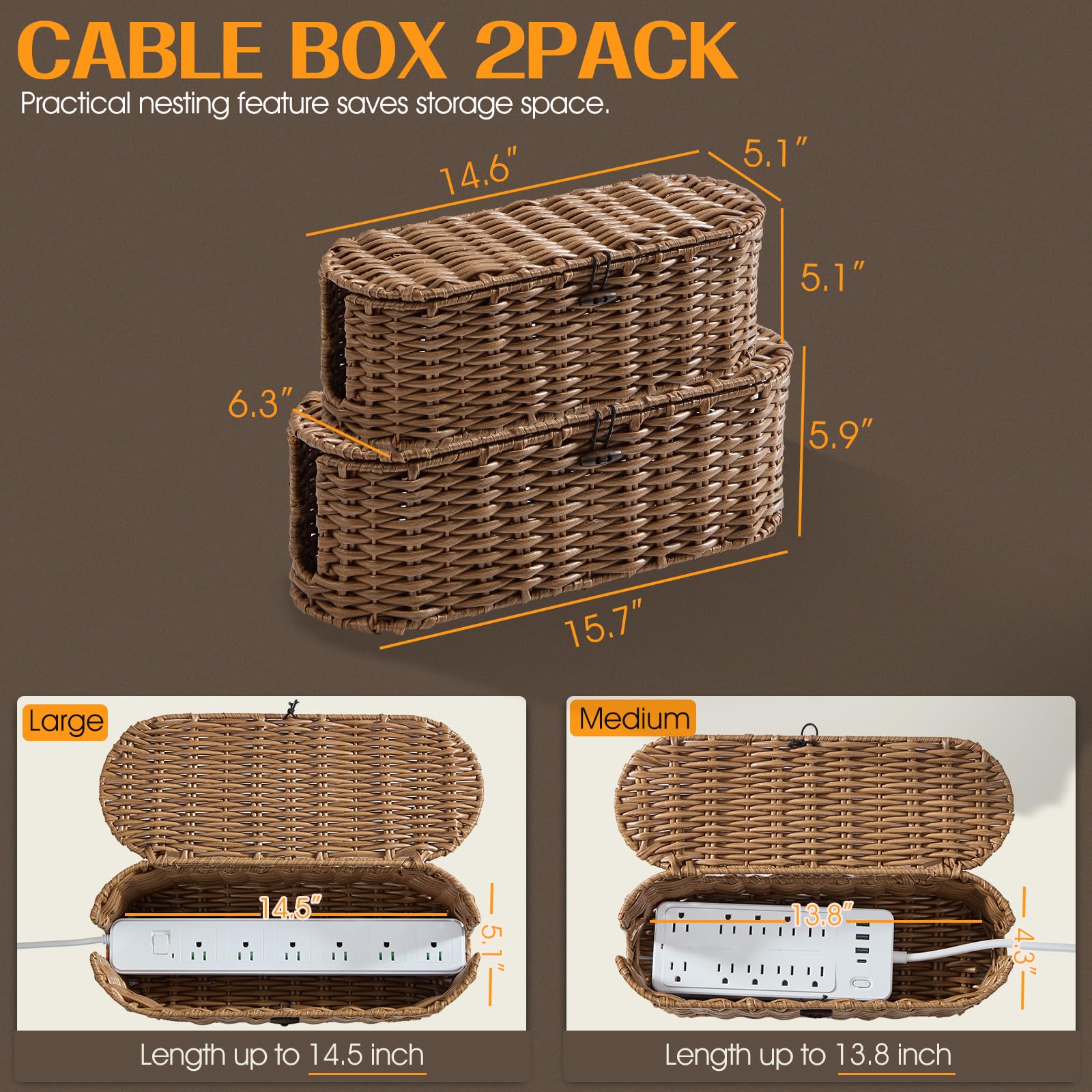 FairyHaus 2-Pack Woven Cable Management Box - Small & Large Cord Organizer to Hide Power Strips & Wires | Brown Wicker-Style Desk & Floor Cable Hider for Home Office, Living Room & Bedroom Organization