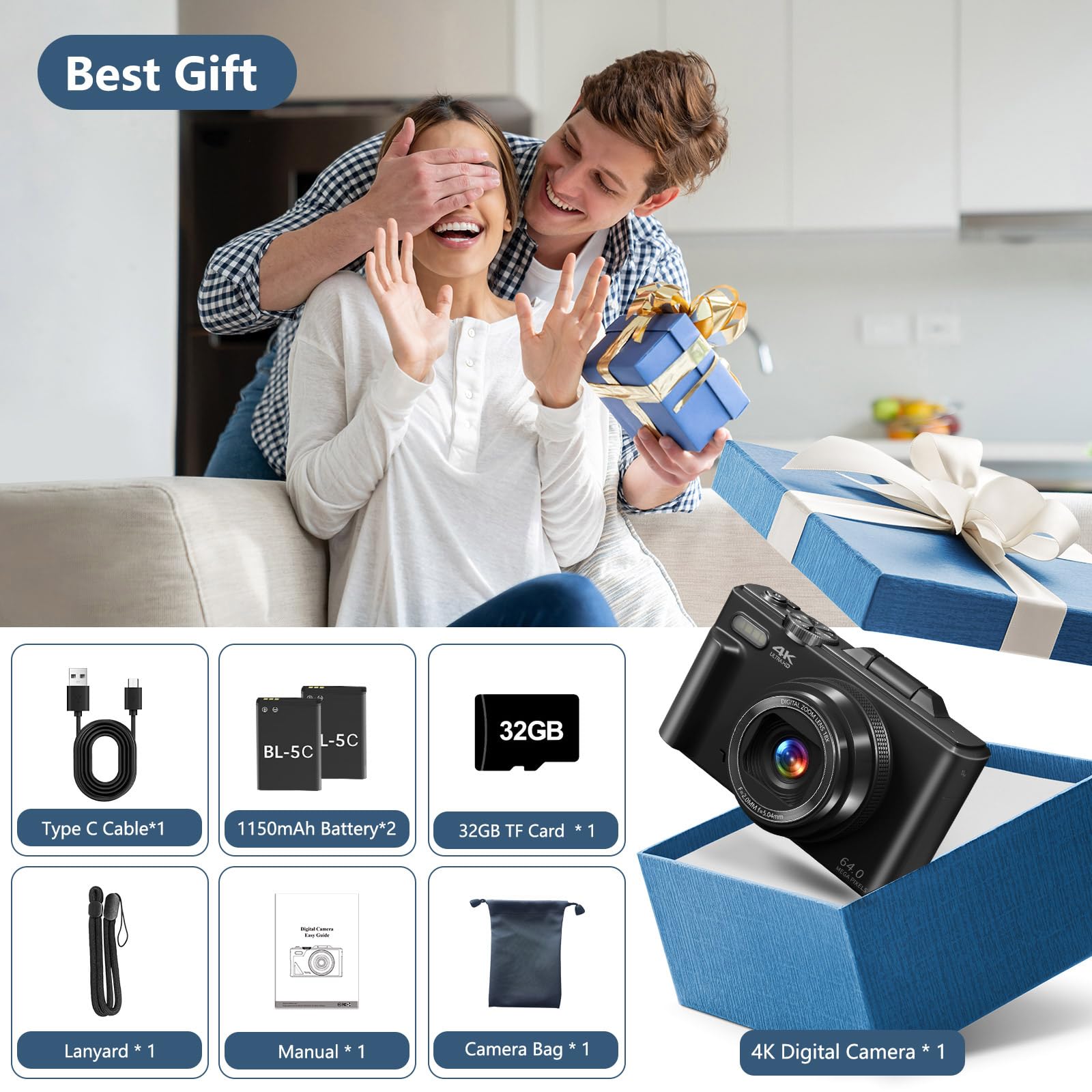 4K Digital Camera for Photography & Vlogging - 18X Zoom Retro Camera with 3
