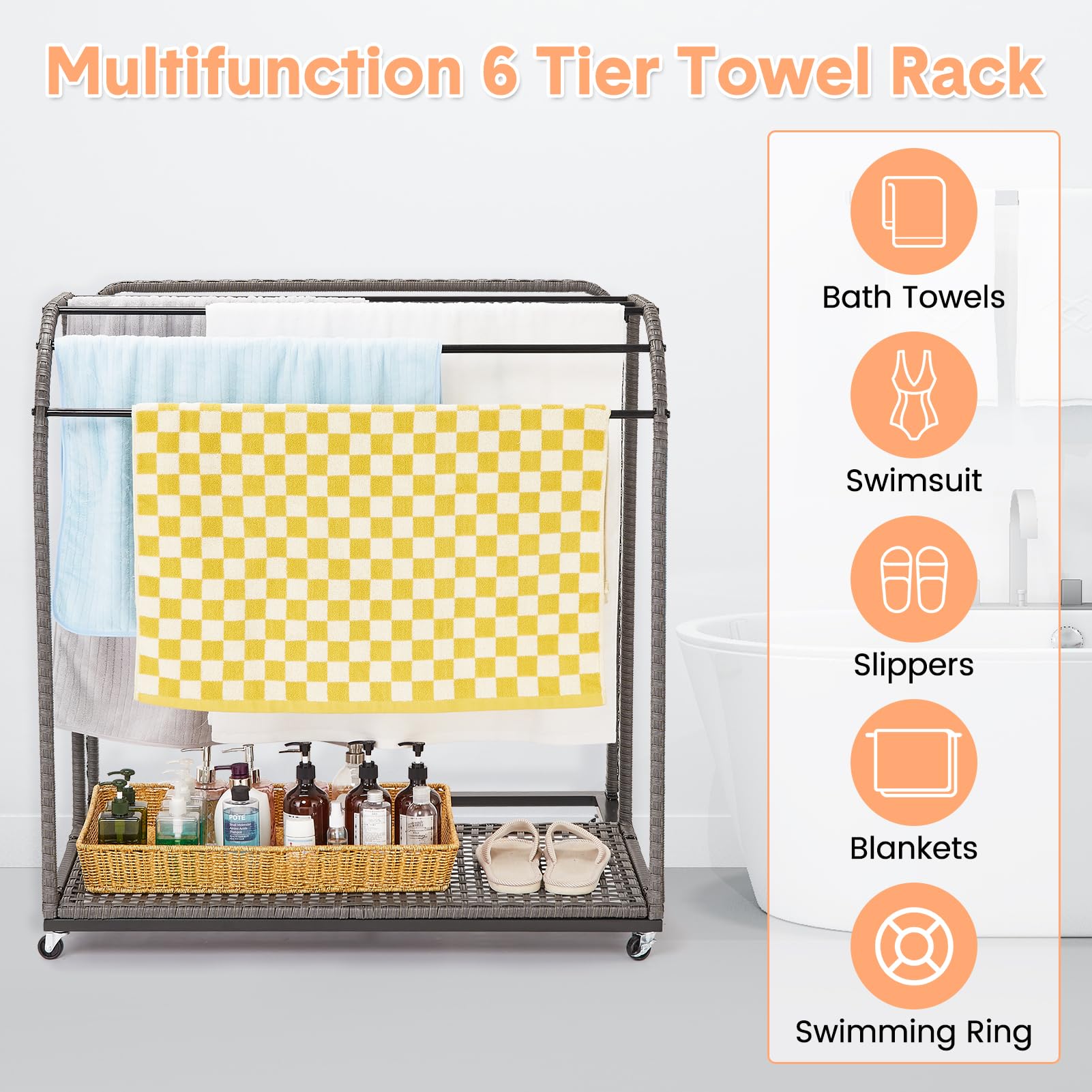 IdealHouse Freestanding Rattan Weaving Poolside Towel Rack - 5-Bar Outdoor/Indoor Storage Organizer for Towels, Pool Floats, Noodles & Swimming Rings - Perfect for Patio, Beach House & Poolside Decor