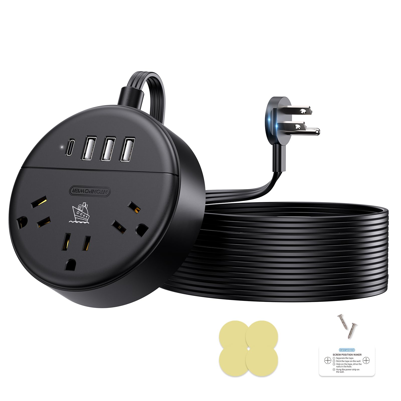 NTONPOWER Ultra Thin Flat Plug Extension Cord 10FT - 3 AC Outlets & 4 USB Ports (1 USB-C) - Multi-Outlet Power Strip for Home, Office, Dorm - Perfect for Charging Phones, Laptops, Tablets & Small Appliances