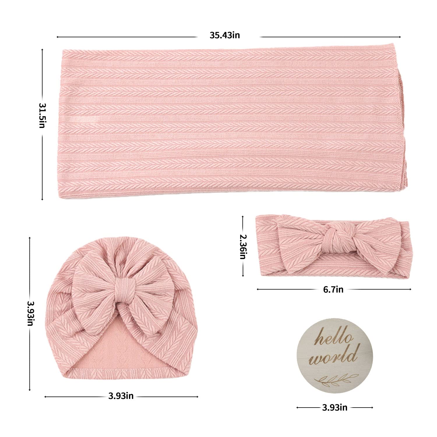 5PCS Baby Blankets - Soft Adjustable Wearable Security Blanket & Swaddle Set with Hello World Wooden Birth Announcement Card | Newborn Essentials for Boys & Girls | Perfect for Nursery, Travel & Gift (Pink)