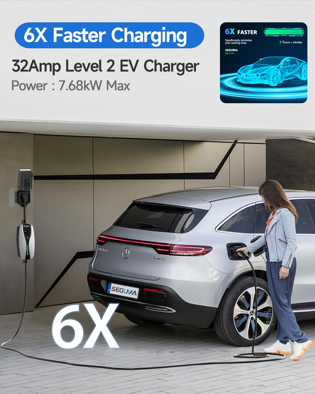 32A 240V Level 2 EV Charger with NEMA 14-50 Plug | 25ft Extension Cable | Adjustable Current | Portable Electric Car Charger for Home & Outdoor Use | Fast Charging Station for Tesla, Nissan Leaf, Chevy Bolt & More EVs