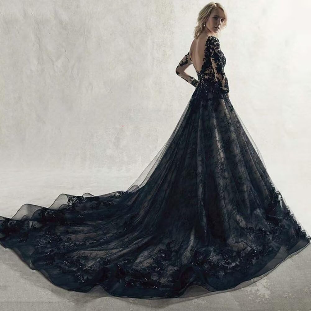 Gothic Black Wedding Dress for Bride - Long Sleeve Lace V-Neck Bridal Gown with Train | Elegant Gothic Wedding, Vampire Theme, Halloween Costume, Dark Romance Ceremony