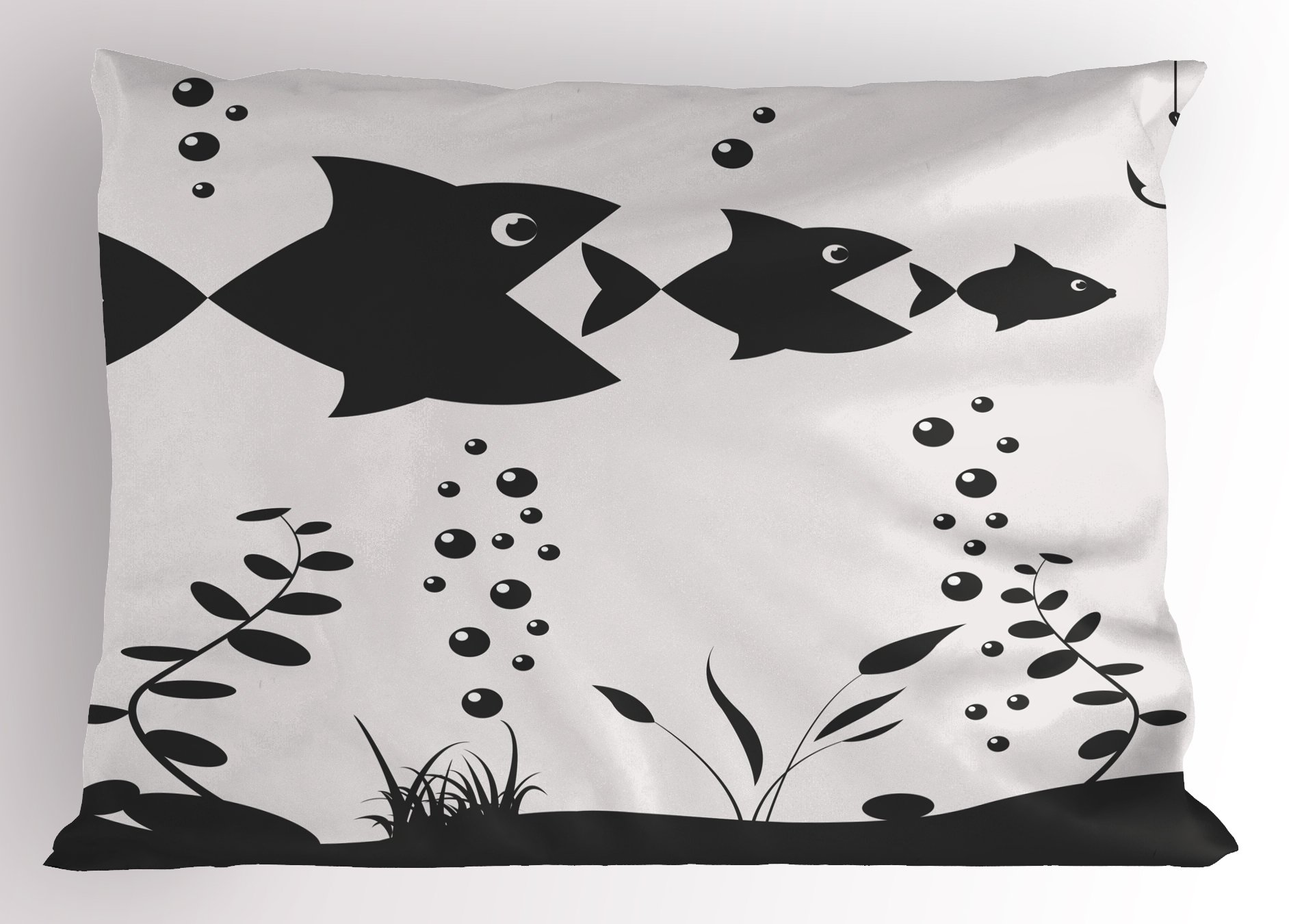 Big Fish Eats Little Fish Monochrome Pillow Sham - Coral Reef & Hook Themed King Size Decorative Pillowcase (36x20 Inches, Charcoal Grey) - Perfect for Coastal Bedroom Decor, Fishing Enthusiast Gifts & Nautical Theme Home Styling