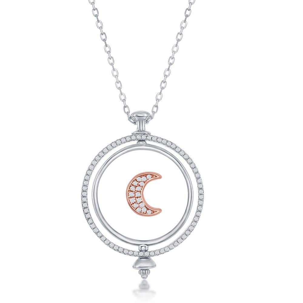 Elegant Sterling Silver Rose Gold Plated Crescent Moon Necklace with CZ Border & Spinning Disc - Perfect for Date Nights, Gifts & Special Occasions