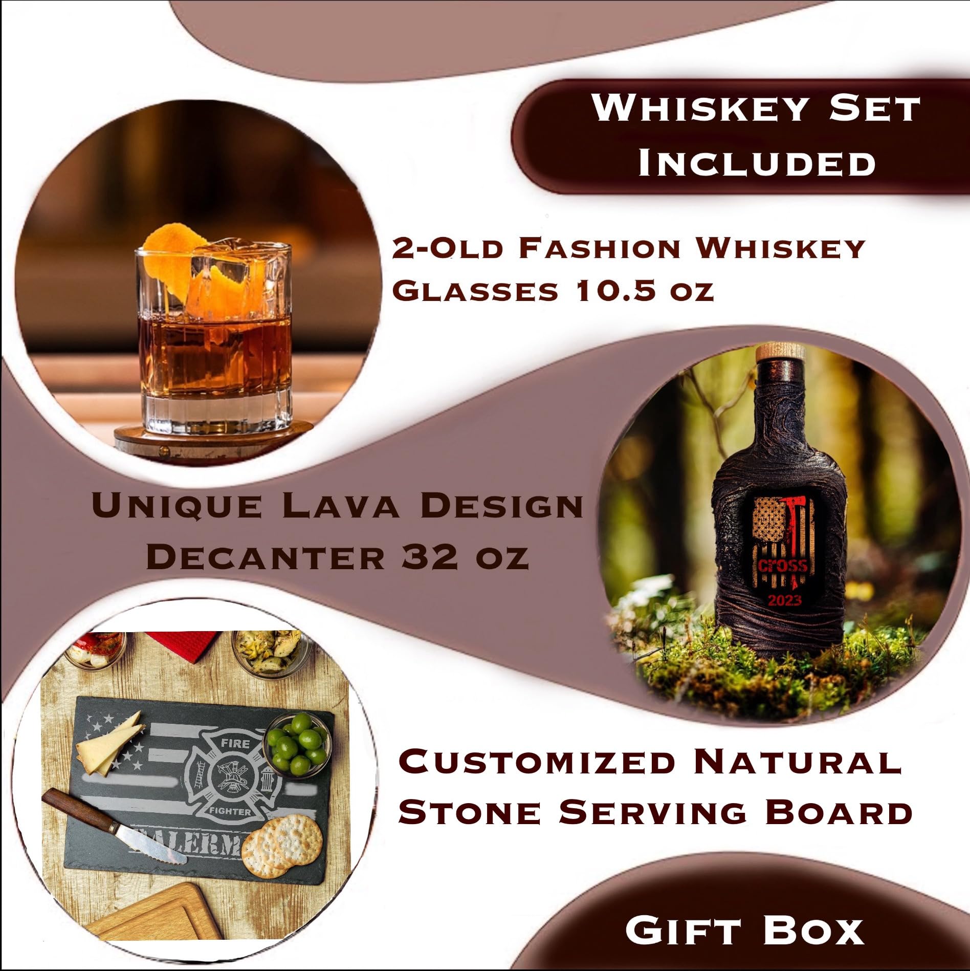 Personalized Firefighter Whiskey Decanter Set with 2 Glasses & Engraved Slate Board - Custom Fireman Axe Design & Thin Red Line USA Flag - Retirement, Anniversary, Graduation Gift for Men - Elegant Gift Box - Perfect for Home Bars, Man Caves & Firefighter Themed Parties