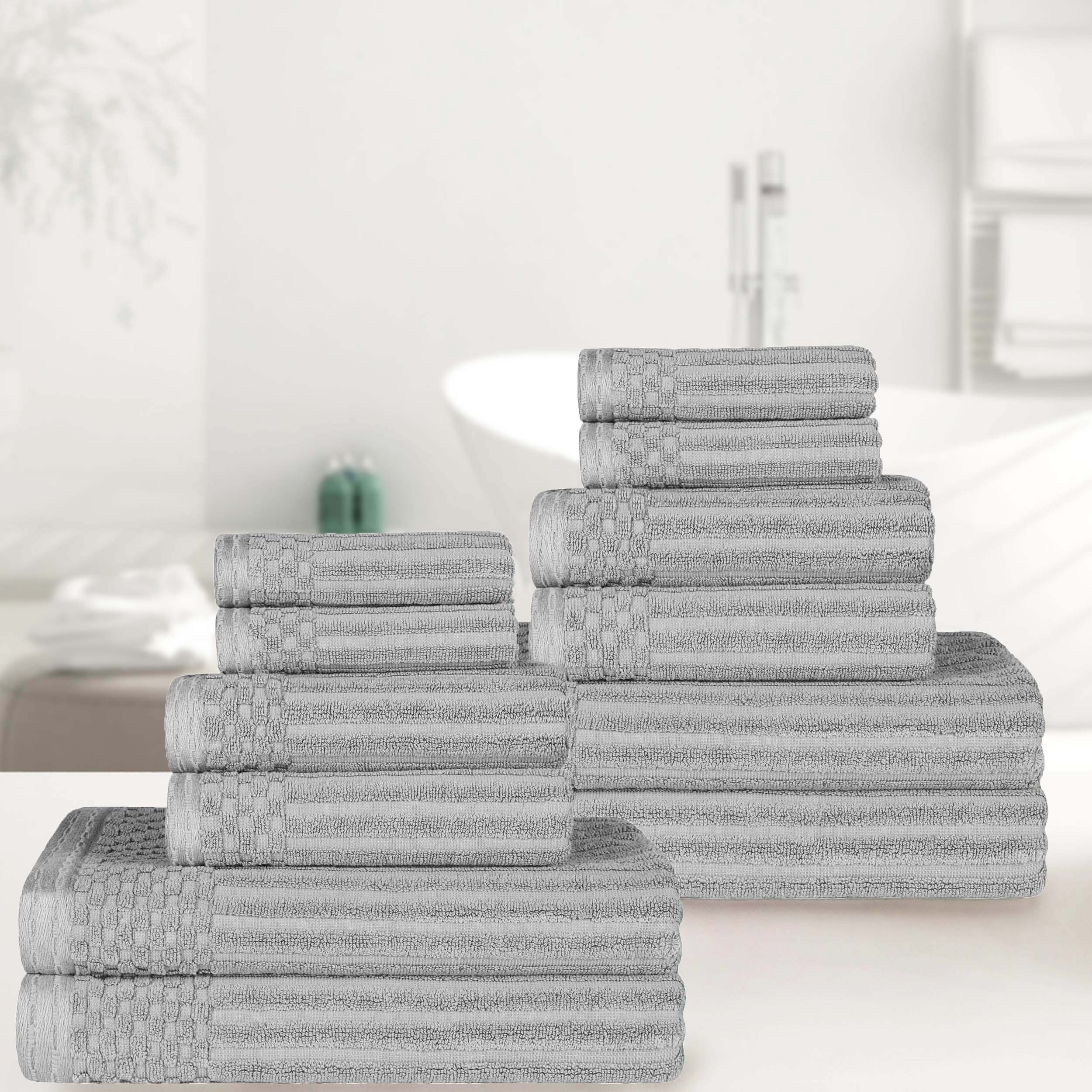 Premium 12-Piece Ribbed Cotton Towel Set - Soft, Absorbent & Medium Weight - Perfect for Bathroom, Spa & Guest Use