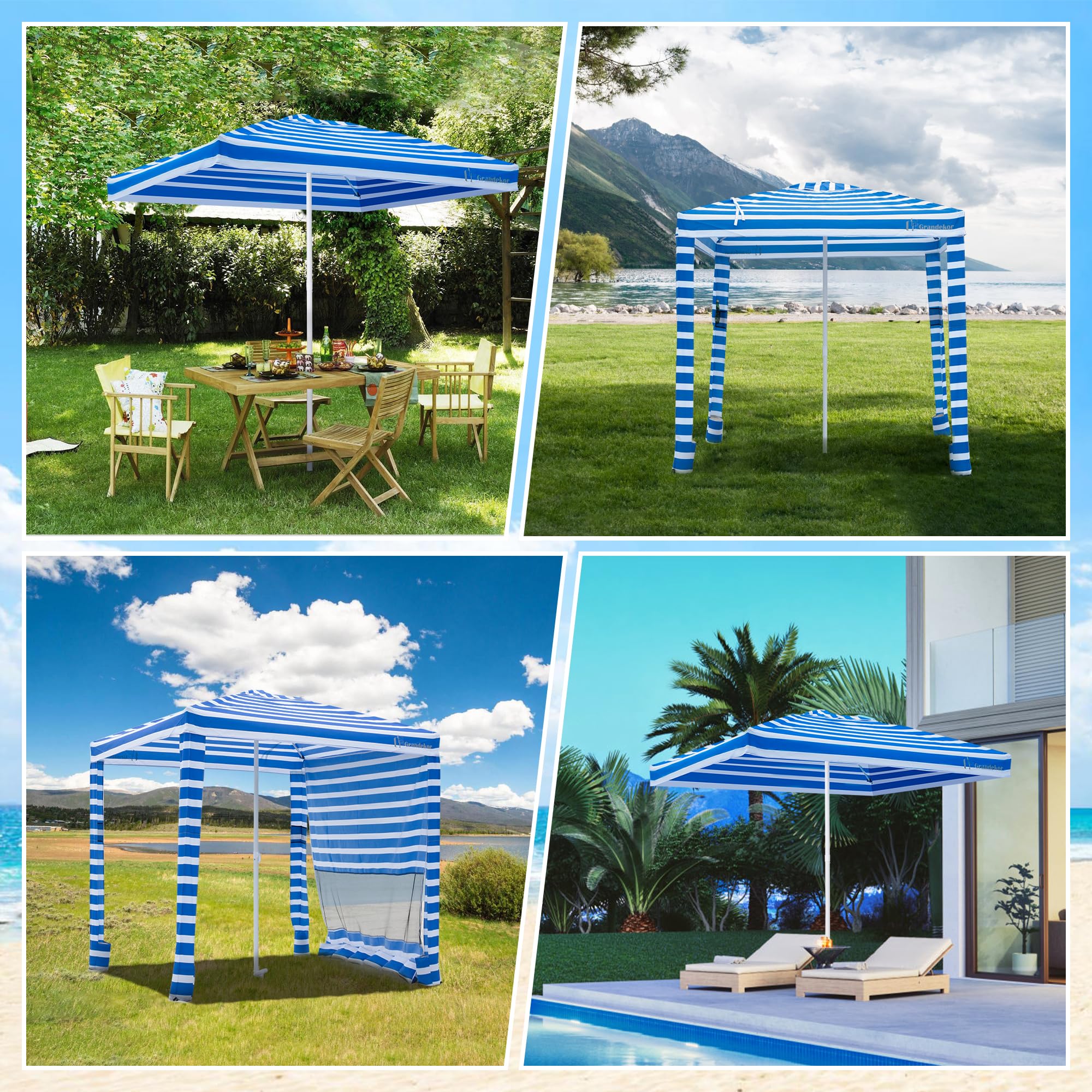 Grandekor 6'×6' Beach Cabana Tent - Portable Sun Shelter with Sand Pockets & Privacy Sunwall, UPF 50+ UV Protection for Outdoor, Easy Setup & Foldable - Perfect for Beach, Poolside, Camping & Backyard Relaxation
