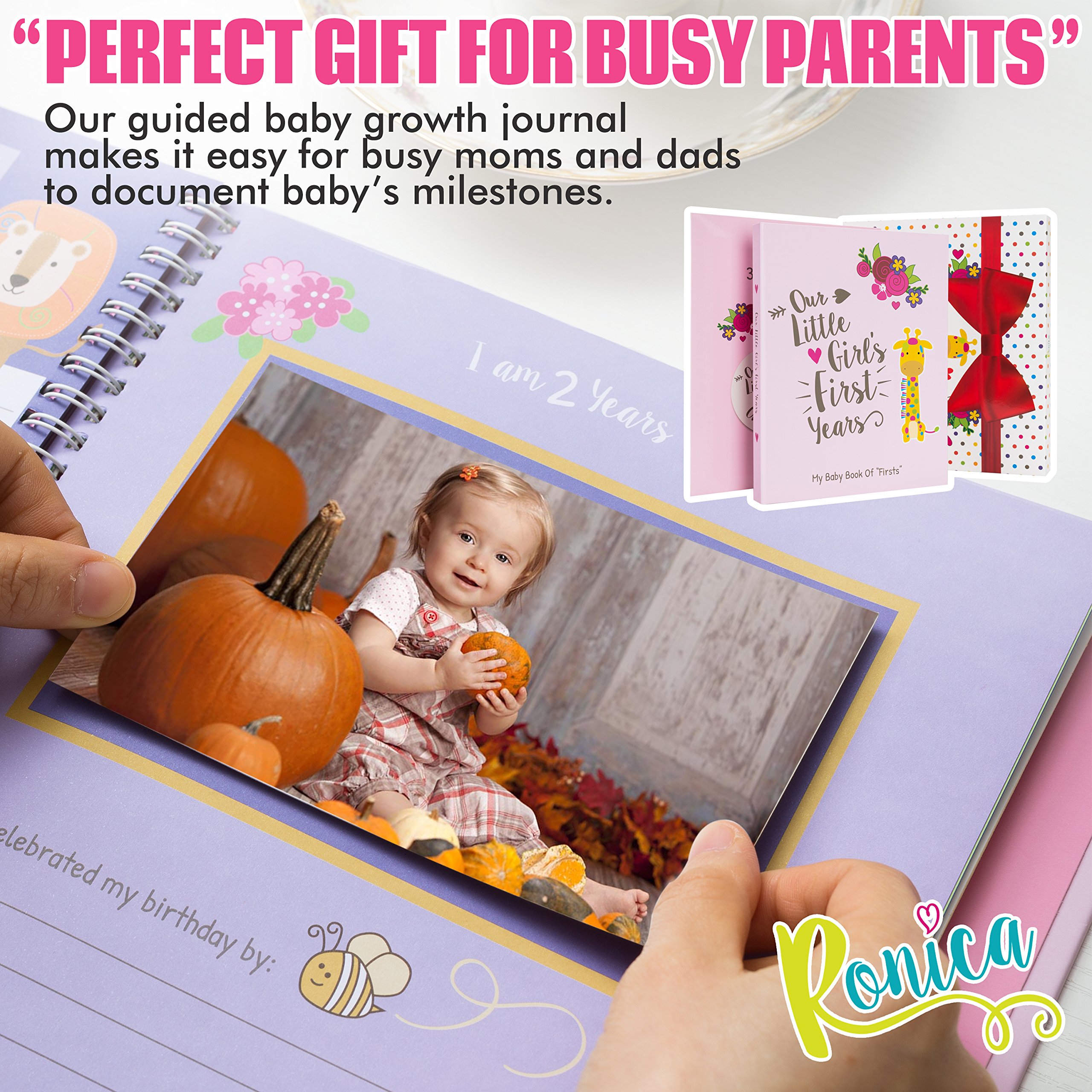 Ronica Baby Girl Gift Set with Memory Book & Monthly Stickers - Modern Photo Journal & Keepsake Album for First 5 Years - Perfect Baby Shower Gift for Mom, Dad & Grandparents - Capture Precious Milestones & Create Lasting Memories