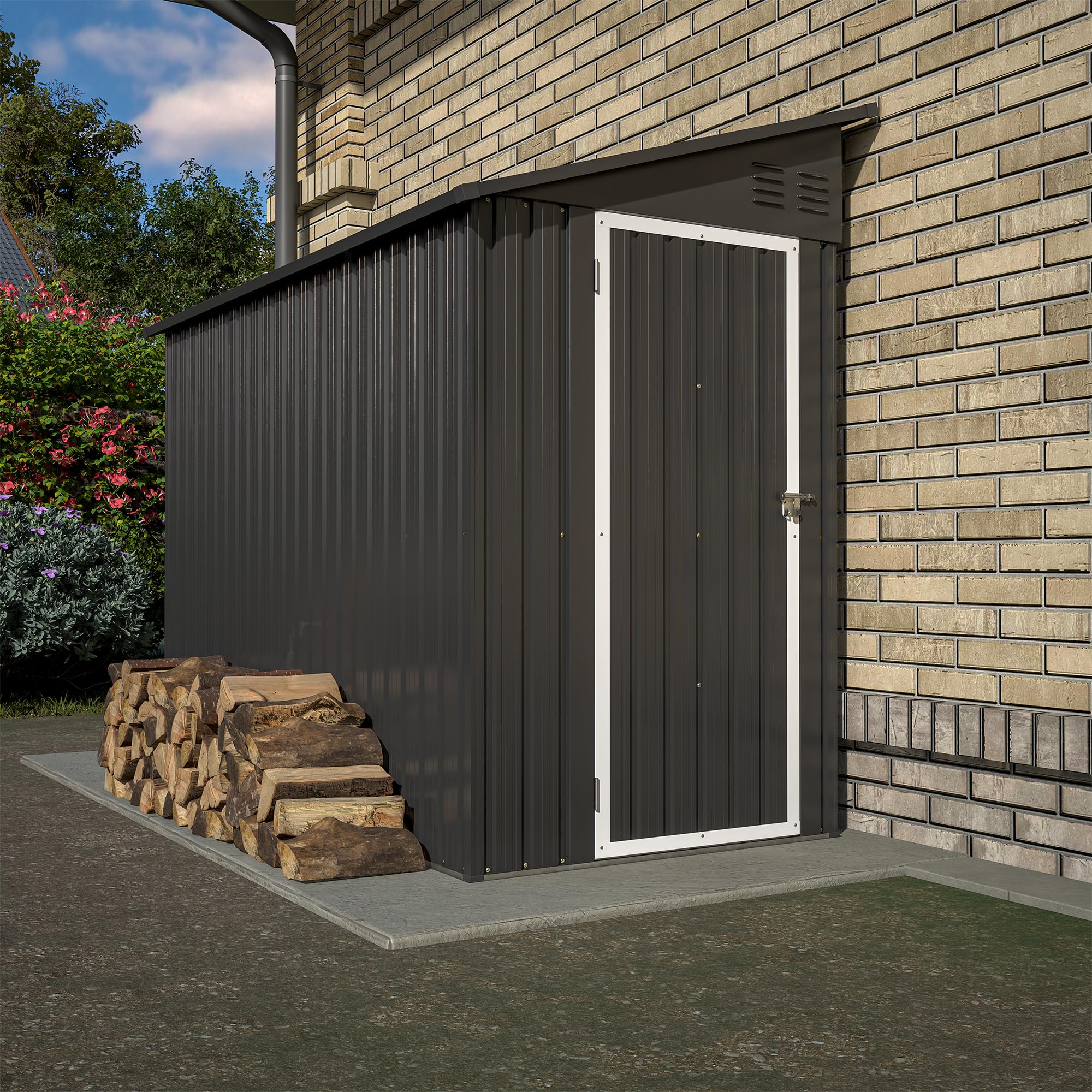 4' x 8' Black Metal Lean-to Storage Shed | Outdoor Garden Shed for Backyard, Patio & Yard Organization | Weather-Resistant Tool & Equipment Storage Solution for Gardening, Lawn Care & Outdoor Gear