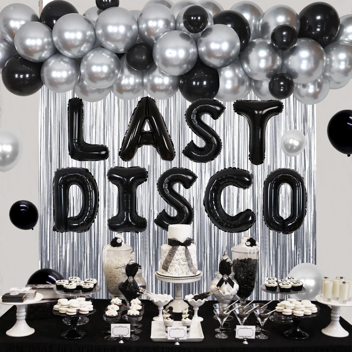 Last Disco Bachelorette Party Decorations - Black & Silver Balloon Garland Kit with Disco Ball Banner, Foil Fringe Backdrop for Disco Themed Dance Parties, Bachelorette Celebrations & 70s Retro Events