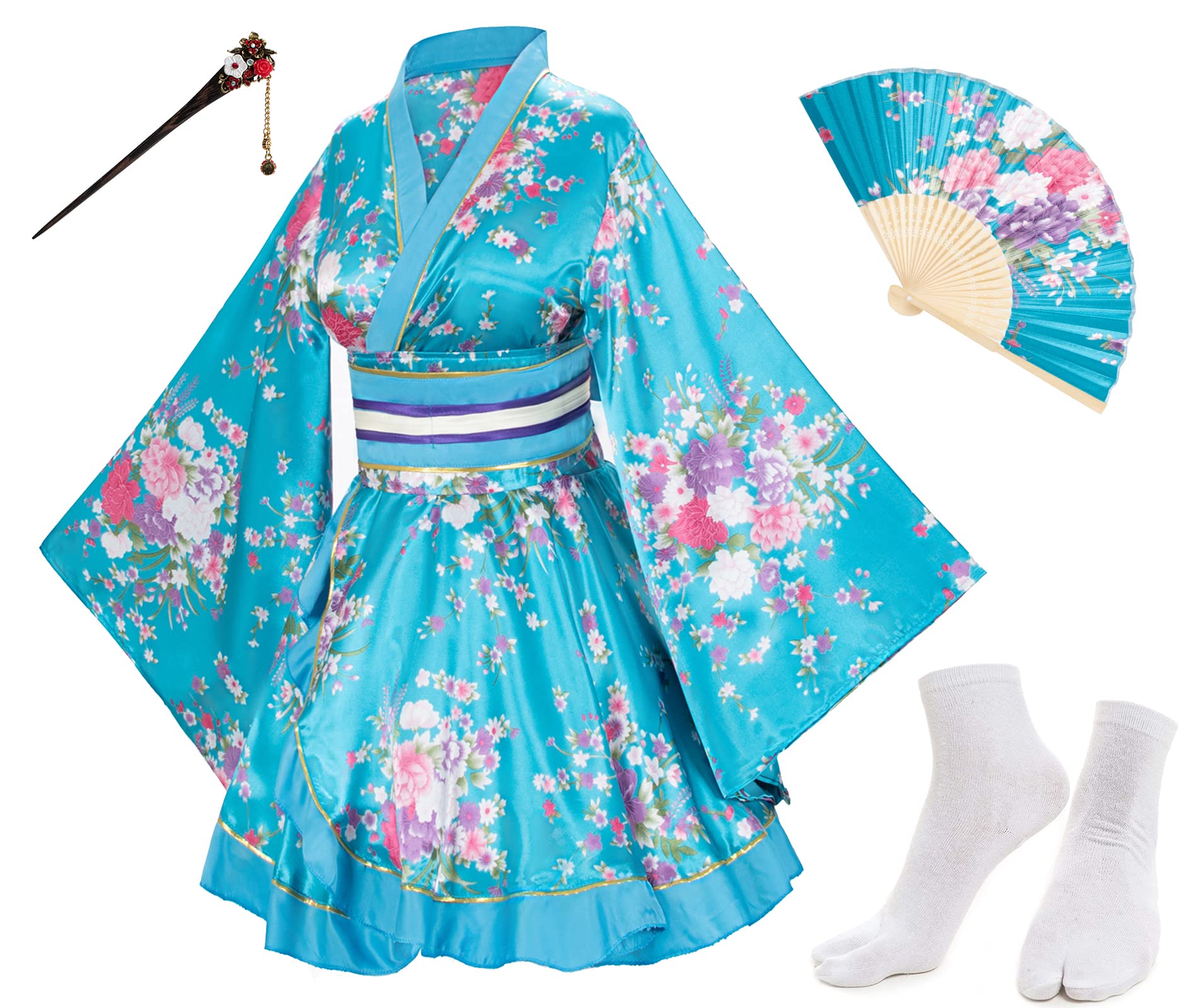 Japanese Anime Women's Dance Kimono Robe with Silk Folding Fan & Tabi Socks Set - Traditional Cosplay Costume for Halloween, Stage Performances and Themed Parties
