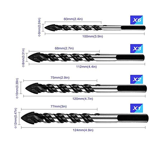 12Pcs Multi-Purpose Carbide Tip Drill Bit Set - Pear Head Design for Tile, Concrete, Brick, Glass & Ceramic - Heavy Duty Black Drill Bits for Home Renovation, DIY Projects & Professional Construction Work