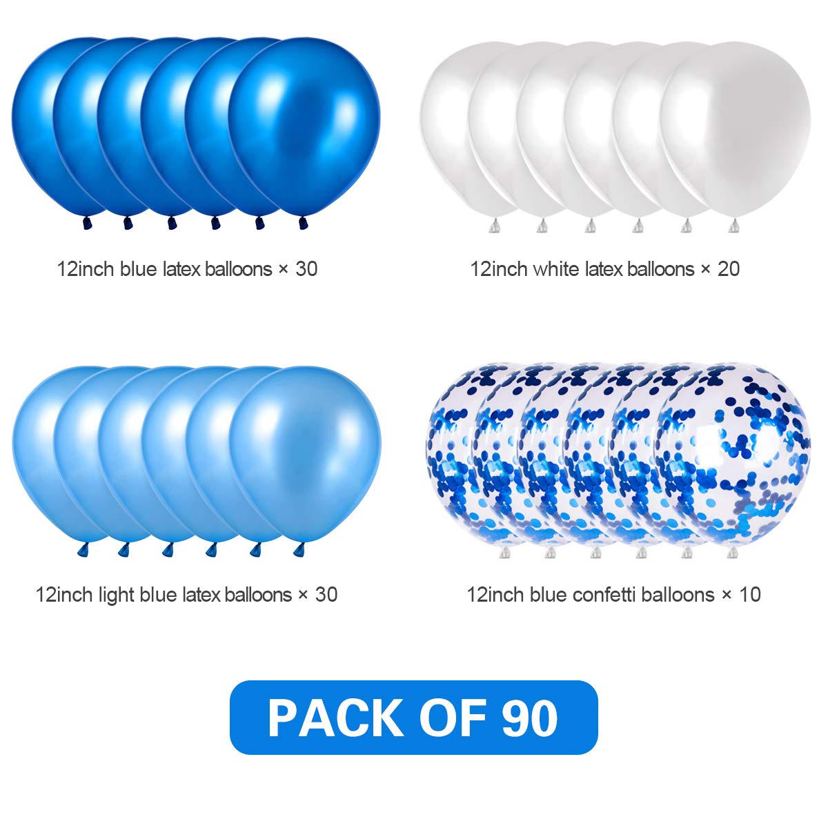 90-Pack Blue & White Latex Balloons with Confetti - Hen Party, Wedding, Baby Shower, Birthday Party Decorations - Perfect for Ceiling Decor, Photo Backdrops & Celebration Centerpieces