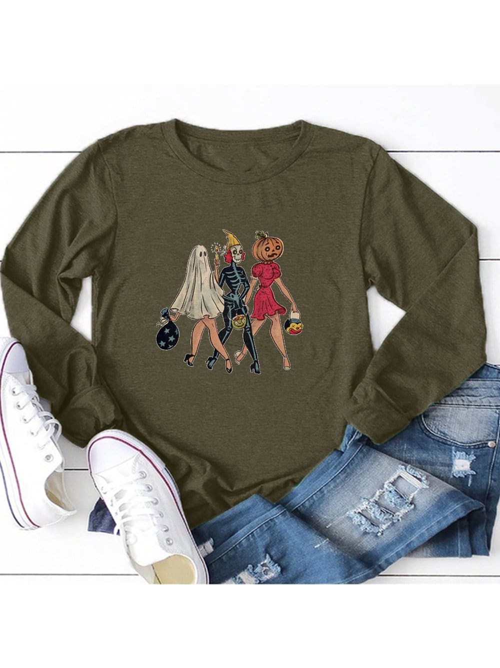 Lovevop Women's Casual Cartoon Halloween Print Long Sleeve T-Shirt - Cute Graphic Tee for Halloween Parties, Cosplay & Everyday Wear