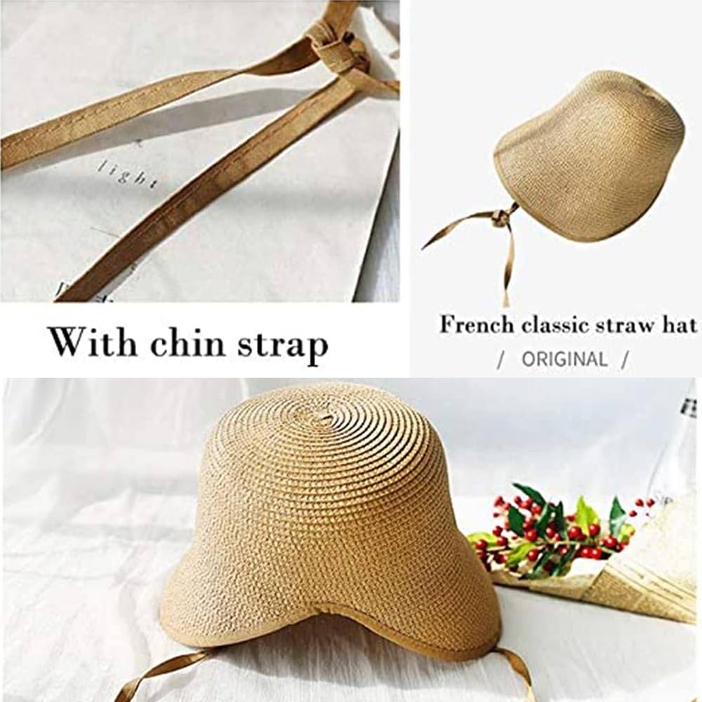 Victorian Style French Straw Bonnet Sun Hat for Women - Adjustable Chin Strap, Foldable Summer Bucket Hat - Perfect for Beach, Garden, and Outdoor Activities
