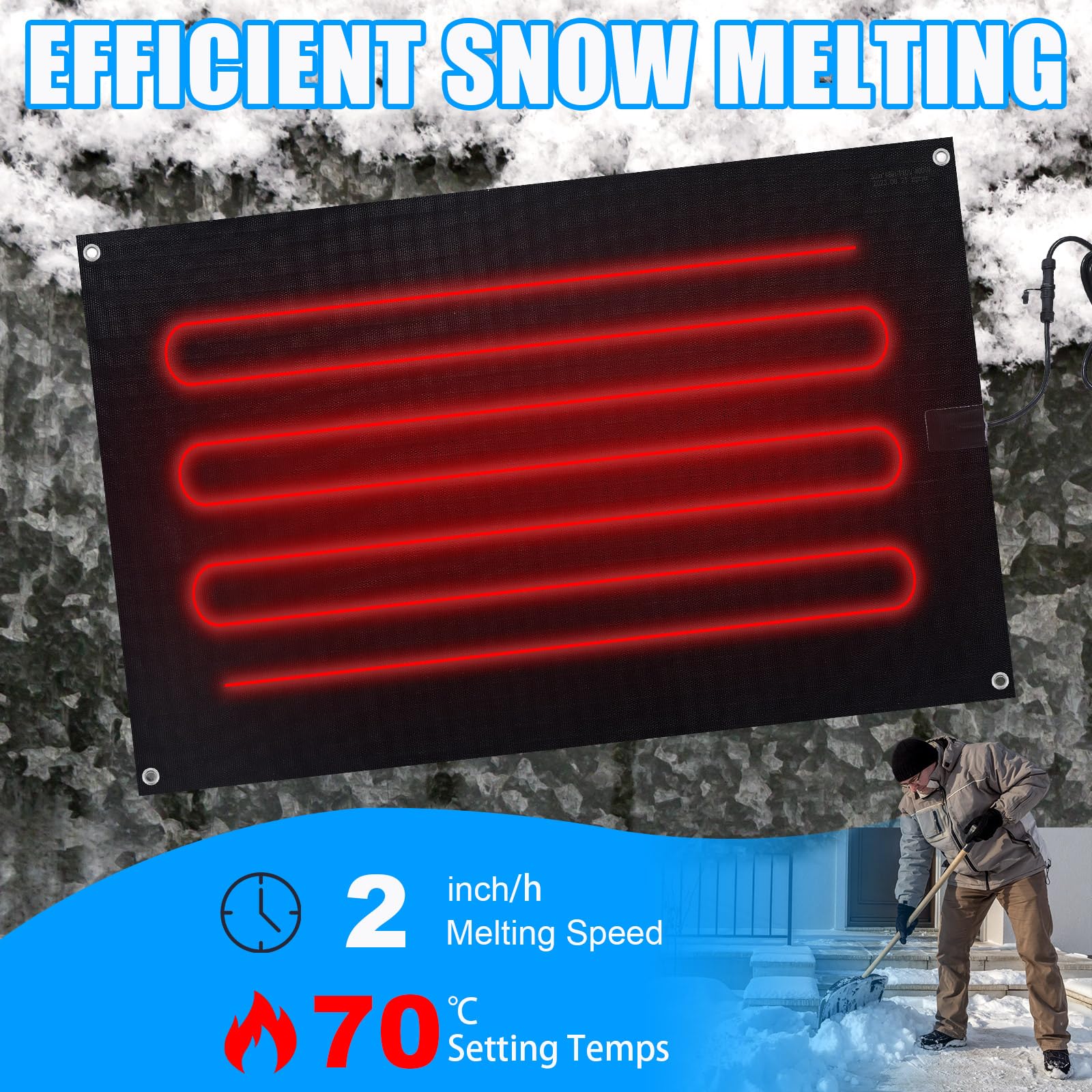 Heated Snow Melting Mats for Outdoor Use - Non-Slip Rubber Heating Entrance Mats with Plug Power Cord - Ideal for Sidewalks, Roof Walkways, and Driveways in Winter (Black, 30 x 47 Inch) - Perfect for Home, Business, and Commercial Properties