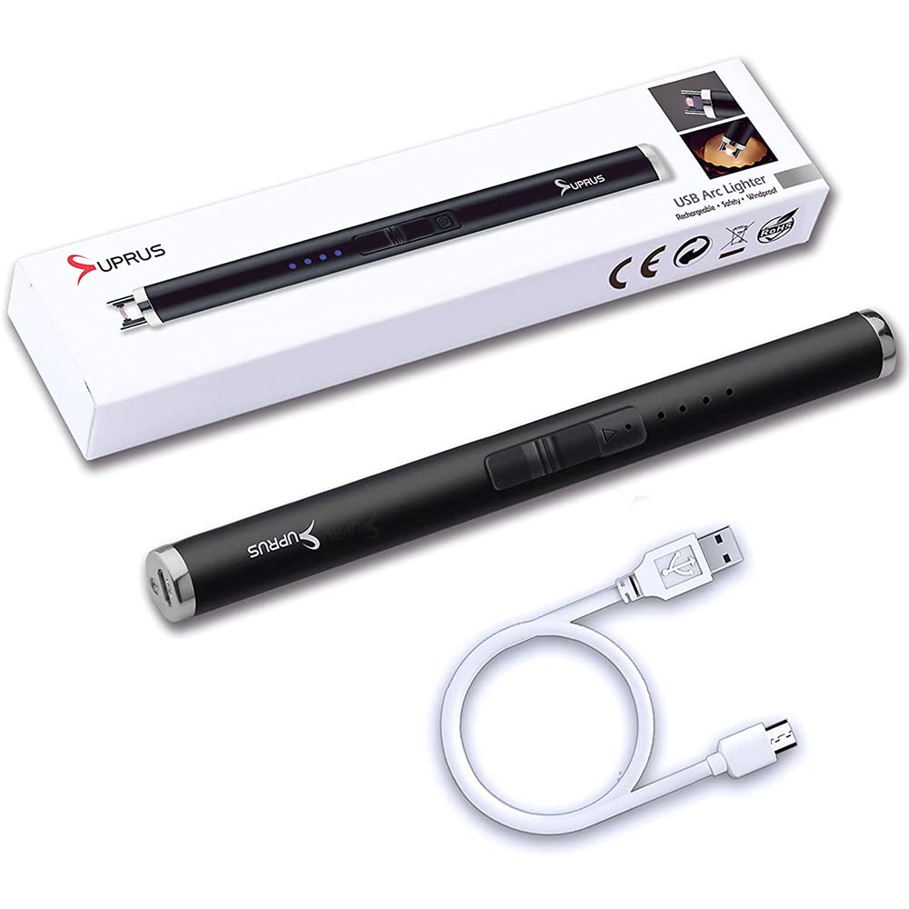 SUPRUS USB Rechargeable Arc Lighter - Flameless Plasma for Camping BBQ Cooking (Black)