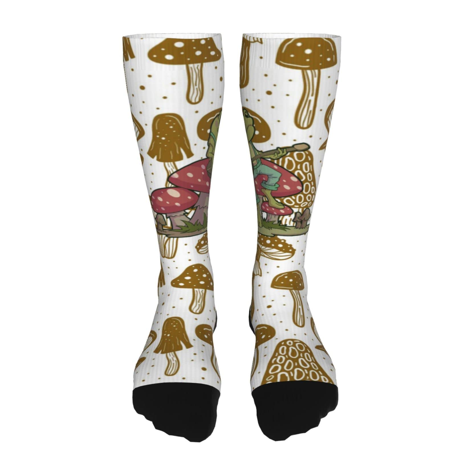 Stylish Frog Playing Banjo on Mushroom Compression Socks - Cute Aesthetic High Socks for Running & Sports - Unisex Long Tube Socks (Perfect for Jogging, Gym Workouts & Casual Wear)