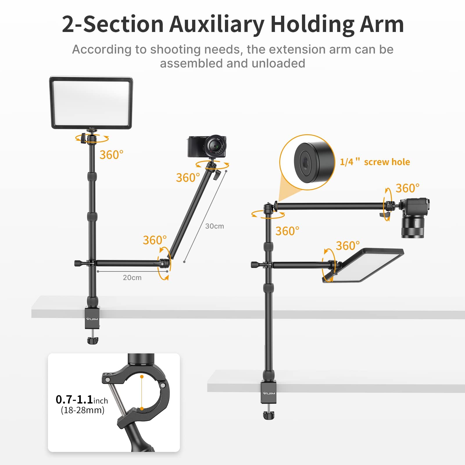 VIJIM LS11 Camera Desk Mount with Auxiliary Holding Arm + ULANZI Flexible Desk Mount Stand - Perfect for Live Streaming, Vlogging & Video Conferencing