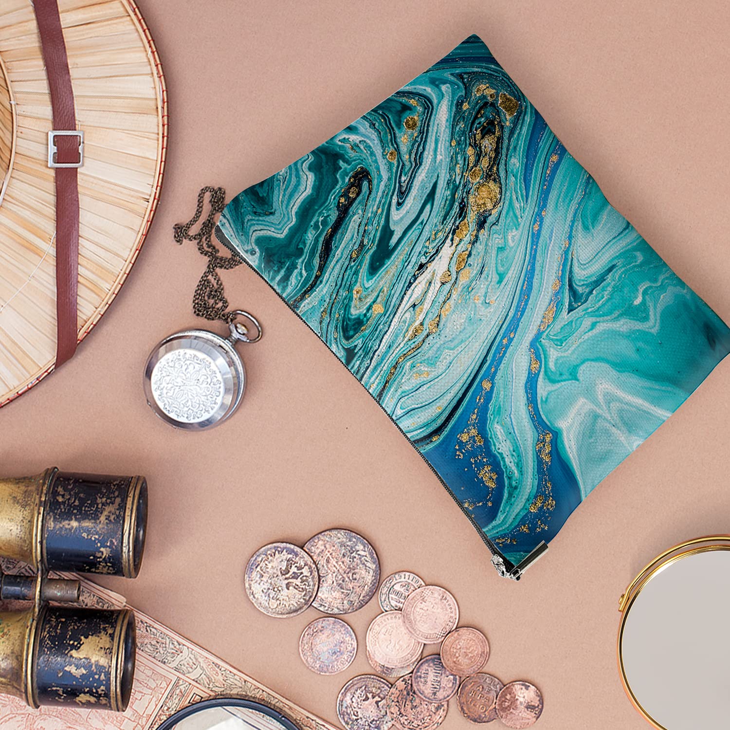 Large Makeup Travel Bag for Women - Waterproof Cosmetic Organizer & Toiletry Pouch (7x10 Inch, Blue Gilt Marble) - Perfect for Travel, Gym, and Daily Beauty Storage