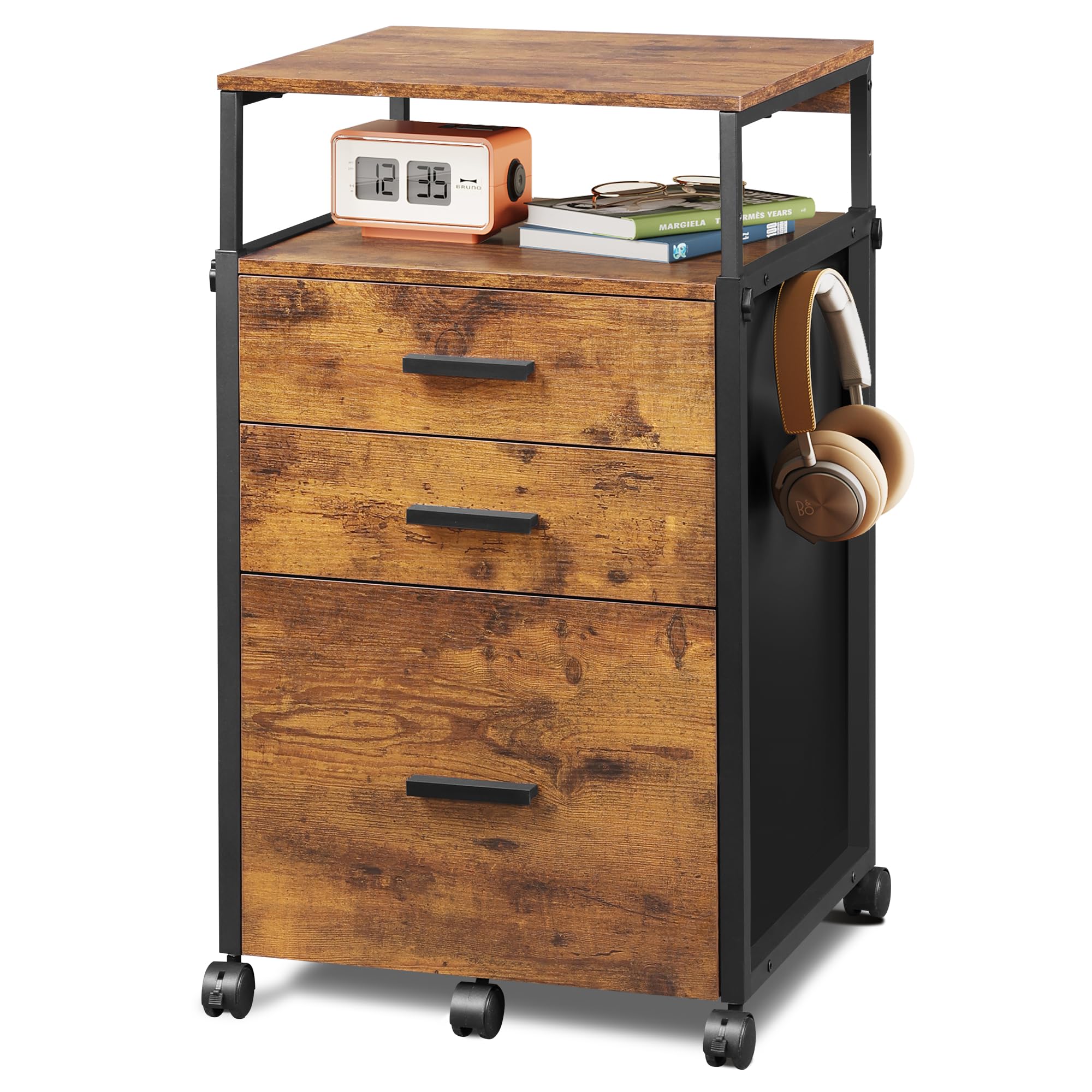 DEVAISE Rolling File Cabinet with Storage Drawers - Adjustable Shelves Wooden Printer Stand for Home Office - Rustic Brown Filing Cabinet | Perfect for Organizing Documents, Office Supplies & Printer Equipment in Small Spaces