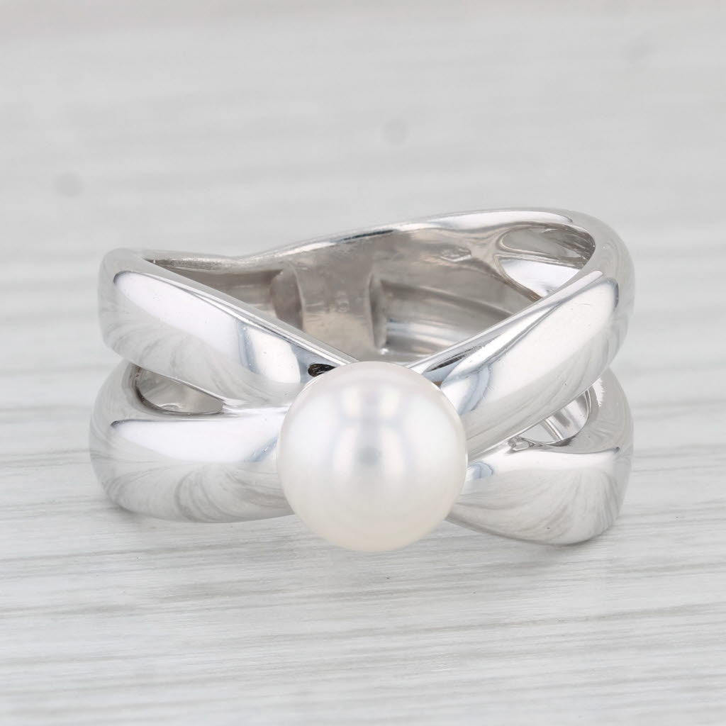 18k White Gold Akoya Cultured Pearl Solitaire Ring - Size 8 Double Band for Women, Elegant Jewelry Gift for Wedding, Anniversary & Special Occasions