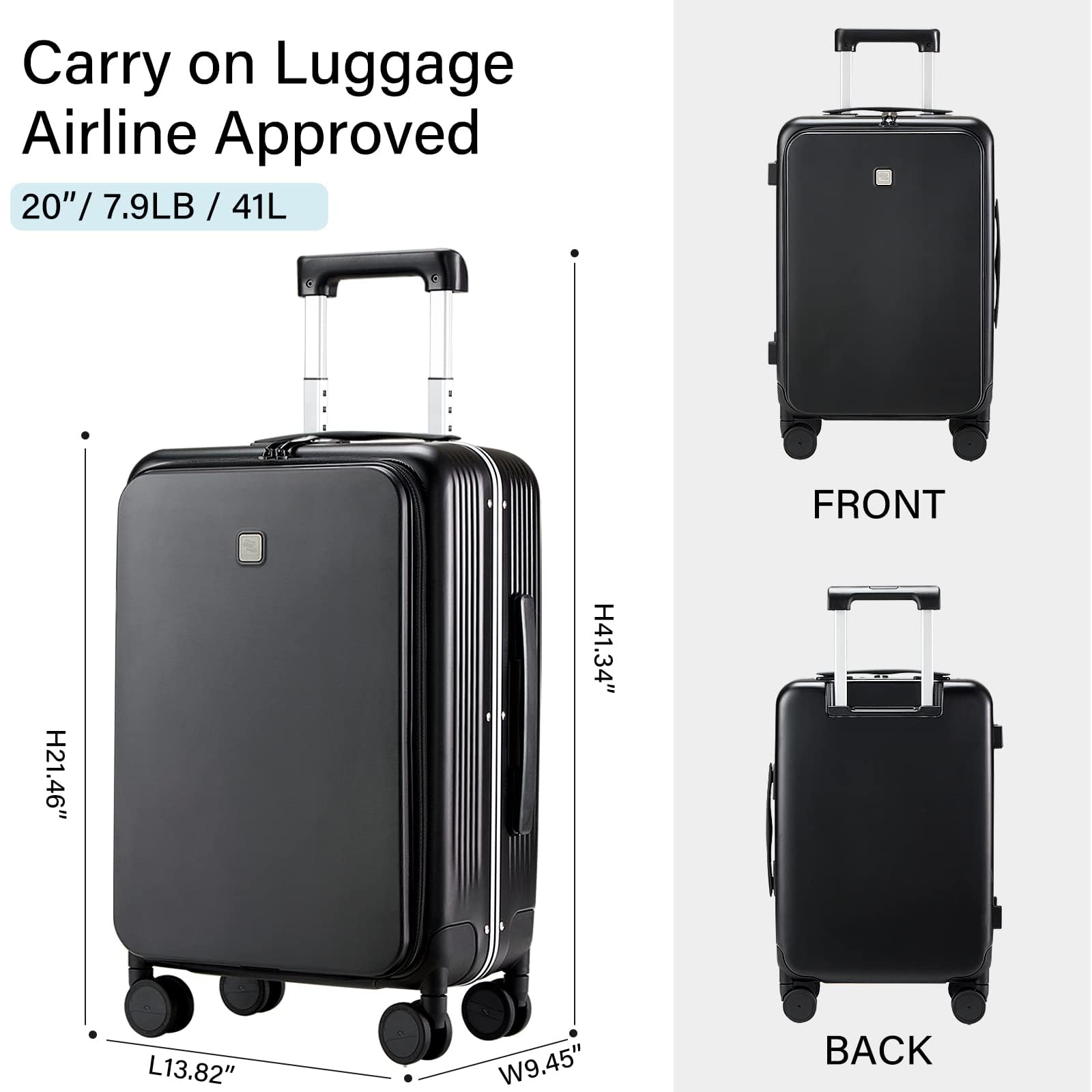 Hanke Grace 20 Inch Hard Shell Carry On Luggage with Wheels - Airline Approved Aluminum Frame Suitcase with Front Pocket for Business Travel & Short Trips (Jet Black) | Perfect for Business Professionals & Weekend Getaways
